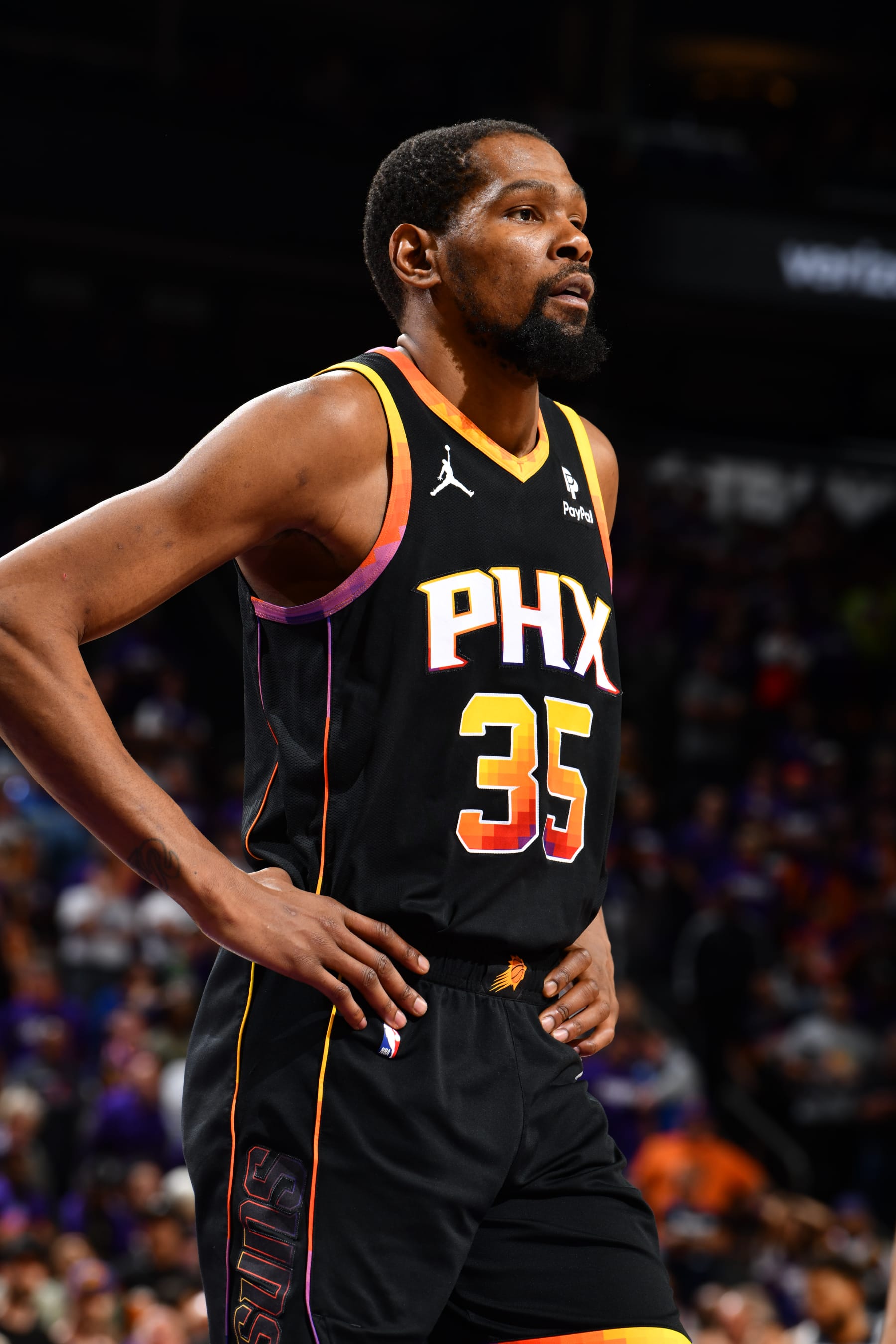 PHOENIX, AZ - APRIL 4: Kevin Durant #35 of the Phoenix Suns looks on during the game against the Minnesota Timberwolves during Round 1 Game 4 of the 2024 NBA Playoffs on April 4, 2023 at Footprint Center in Phoenix, Arizona. NOTE TO USER: User expressly acknowledges and agrees that, by downloading and or using this photograph, user is consenting to the terms and conditions of the Getty Images License Agreement. Mandatory Copyright Notice: Copyright 2024 NBAE (Photo by Barry Gossage/NBAE via Getty Images)