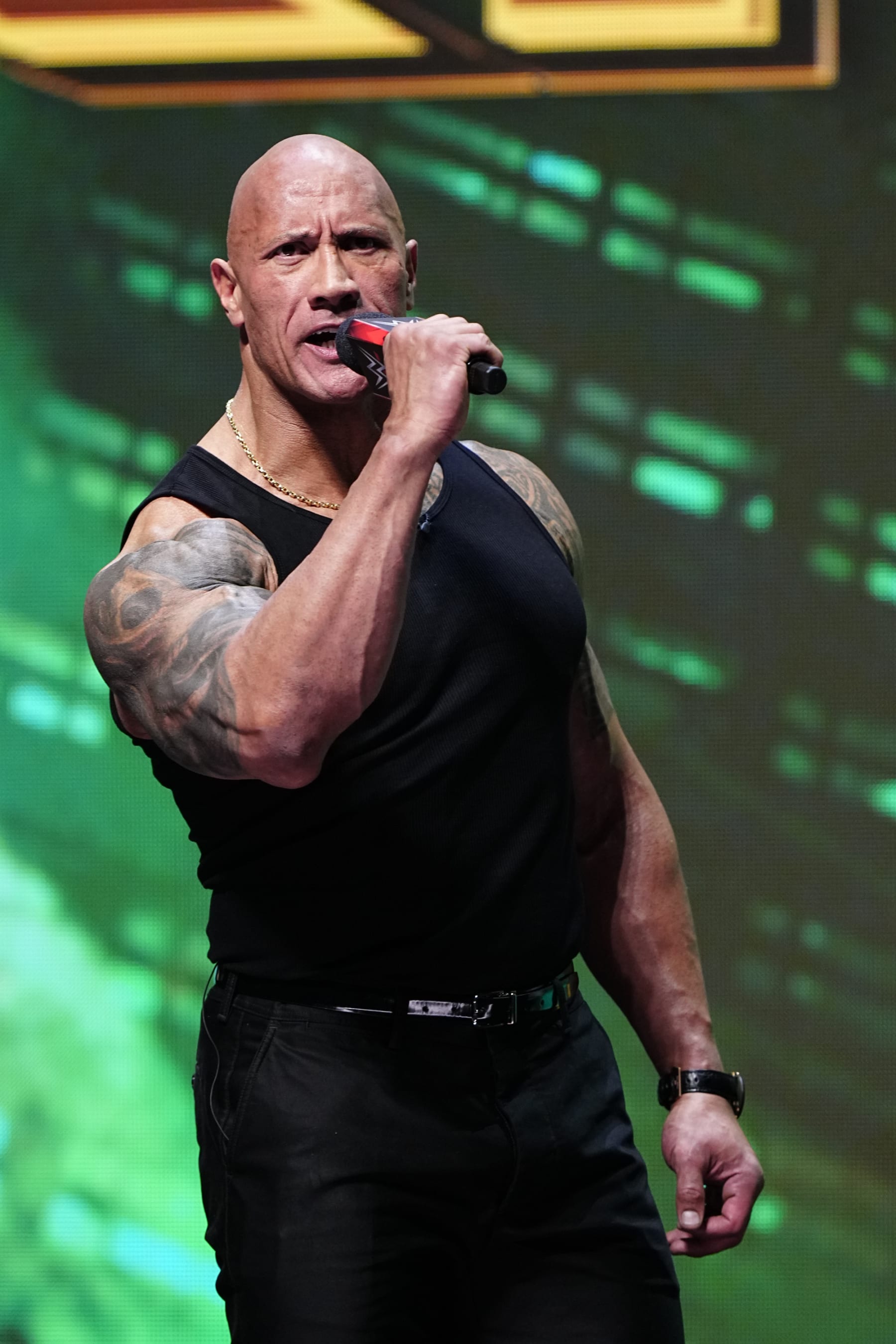 LAS VEGAS, NV - FEBRUARY 08:  Dwayne "The Rock" Johnson, Ten-Time WWE World Champion during the WWE Wrestlemania XL Kickoff on February 08, 2024, at T-Mobile Arena in Las Vegas, NV. (Photo by Louis Grasse/PXimages/Icon Sportswire via Getty Images)