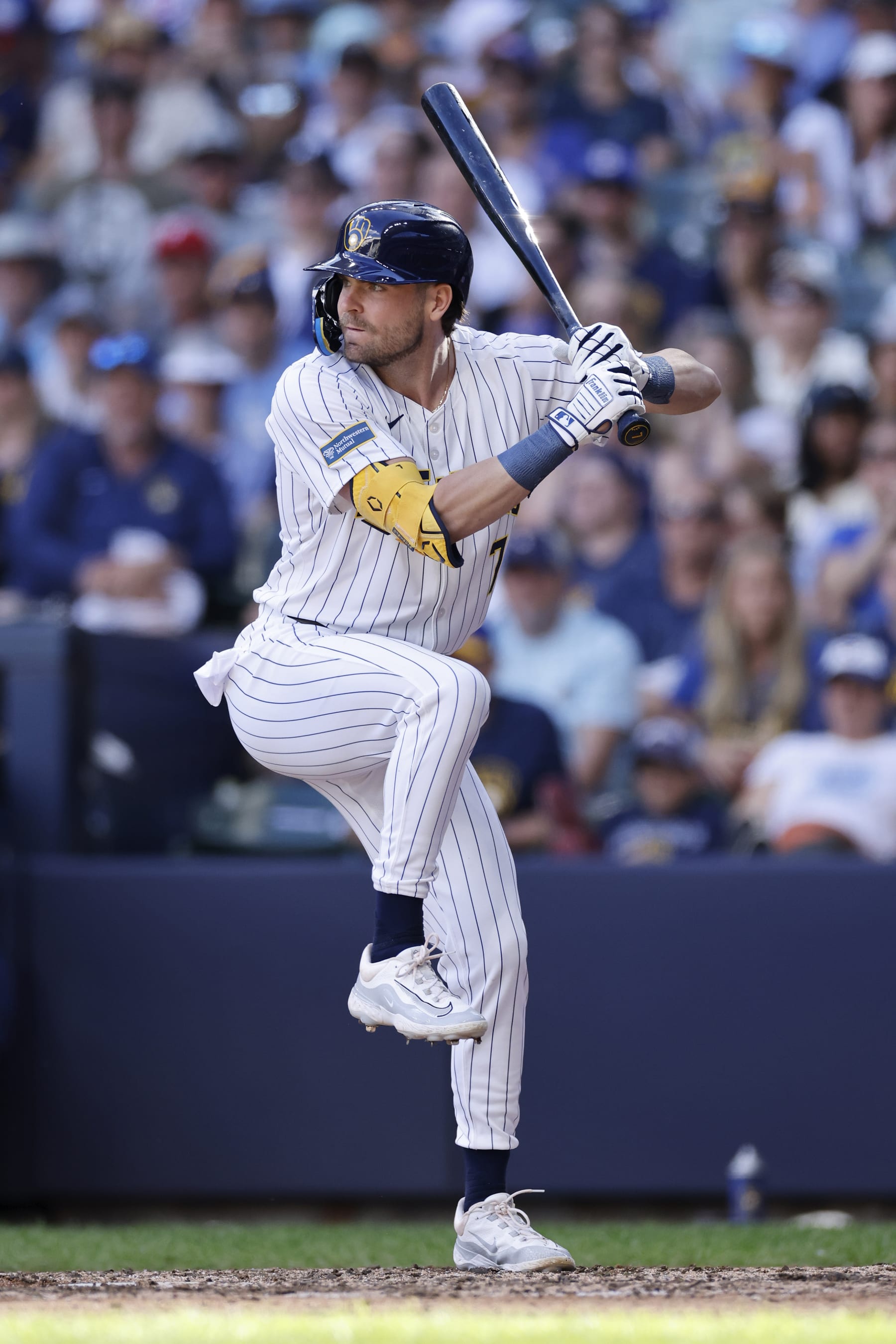 MILWAUKEE, WI - JUNE 29: Milwaukee Brewers third baseman Tyler Black (7) bats during an MLB game against the Chicago Cubs on June 29, 2024 at American Family Field in Milwaukee, Wisconsin. (Photo by Joe Robbins/Icon Sportswire via Getty Images)
