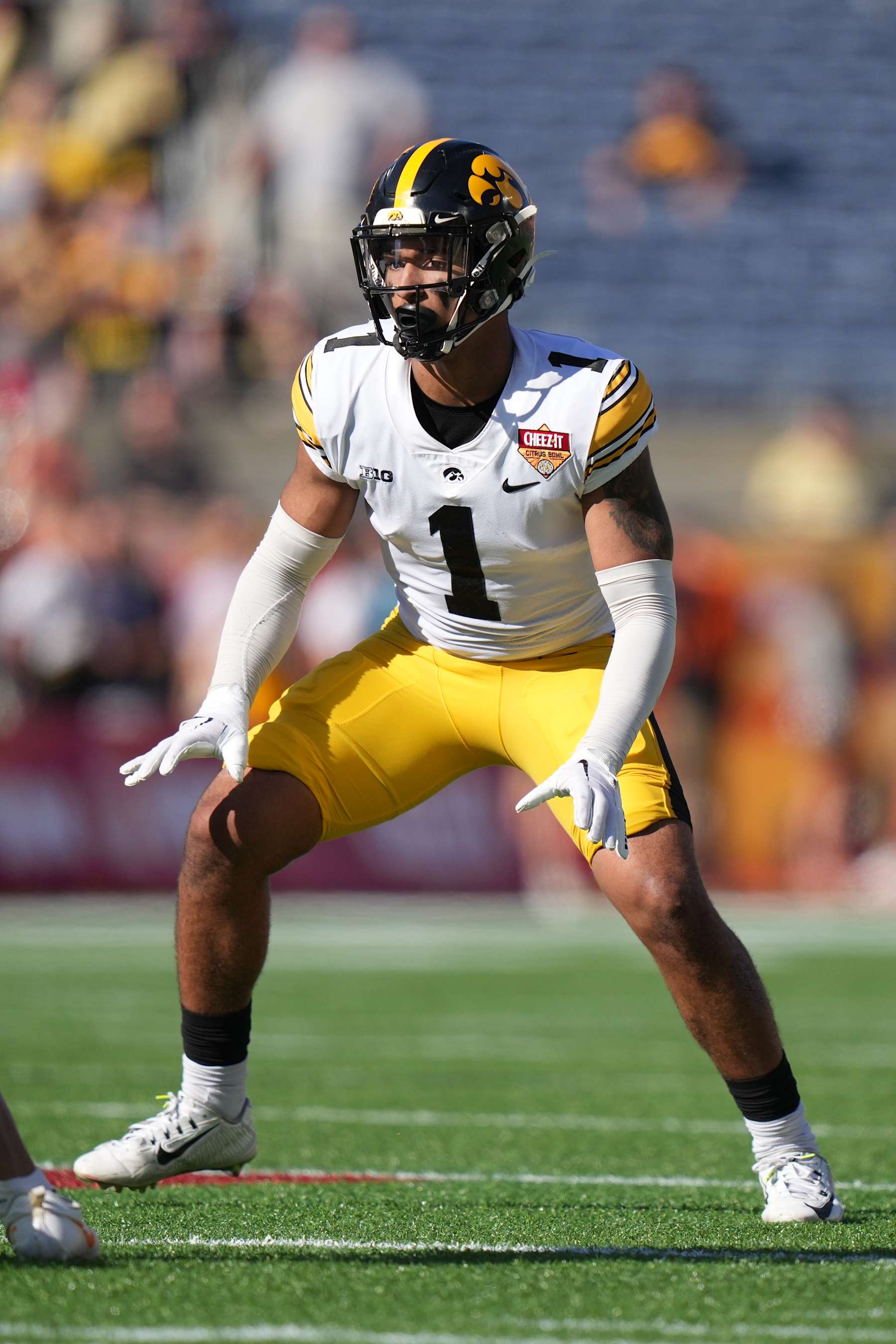 ORLANDO, FL - JANUARY 01: Iowa Hawkeyes defensive back Xavier Nwankpa (1)defends in the secondary during the 2024 Cheez-It Citrus Bowl between Iowa Hawkeyes and the Tennessee Volunteers on Monday, January 1, 2024 at Camping World Stadium, Orlando, Fla. (Photo by Peter Joneleit/Icon Sportswire via Getty Images)