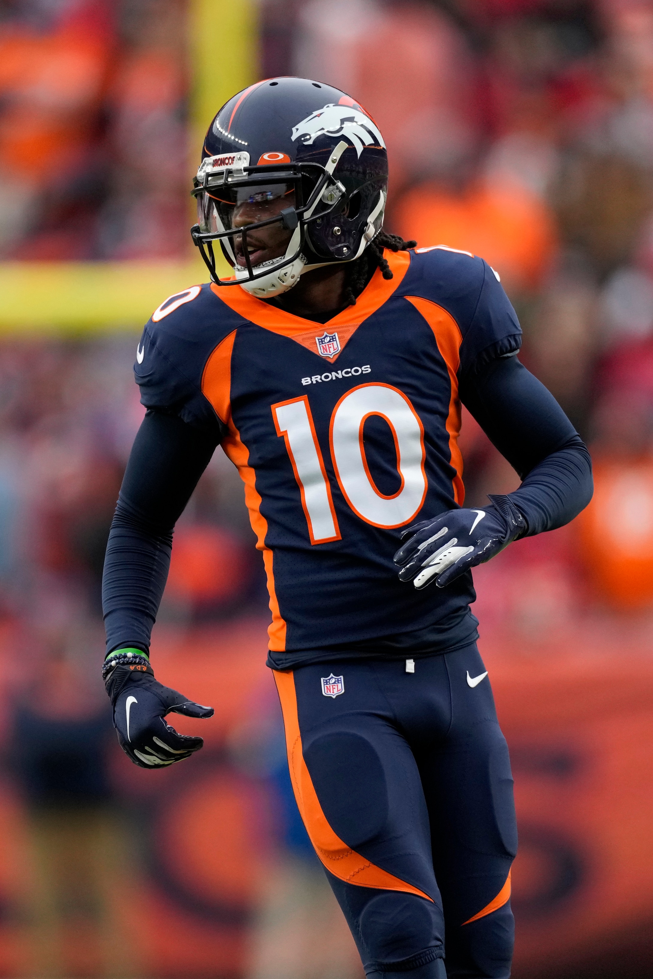 Denver Broncos wide receiver Jerry Jeudy (10) against the Kansas City Chiefs during an NFL football game Saturday, Jan. 8, 2022, in Denver. (AP Photo/David Zalubowski)