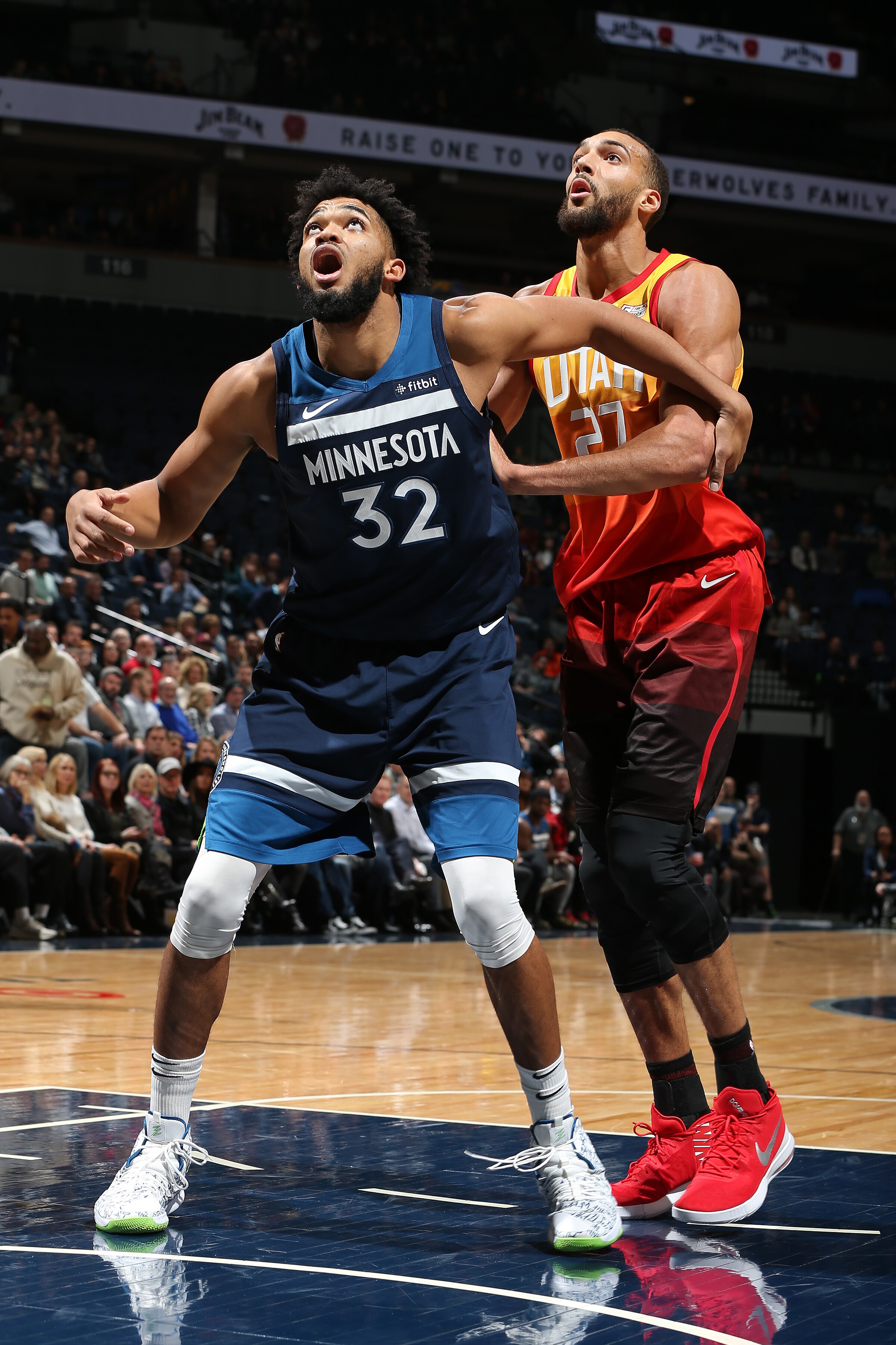 MINNEAPOLIS, MN - DECEMBER 11: Karl-Anthony Towns #32 of the Minnesota Timberwolves boxes out Rudy Gobert #27 of the Utah Jazz on December 11, 2019 at Target Center in Minneapolis, Minnesota. NOTE TO USER: User expressly acknowledges and agrees that, by downloading and or using this Photograph, user is consenting to the terms and conditions of the Getty Images License Agreement. Mandatory Copyright Notice: Copyright 2019 NBAE (Photo by David Sherman/NBAE via Getty Images)