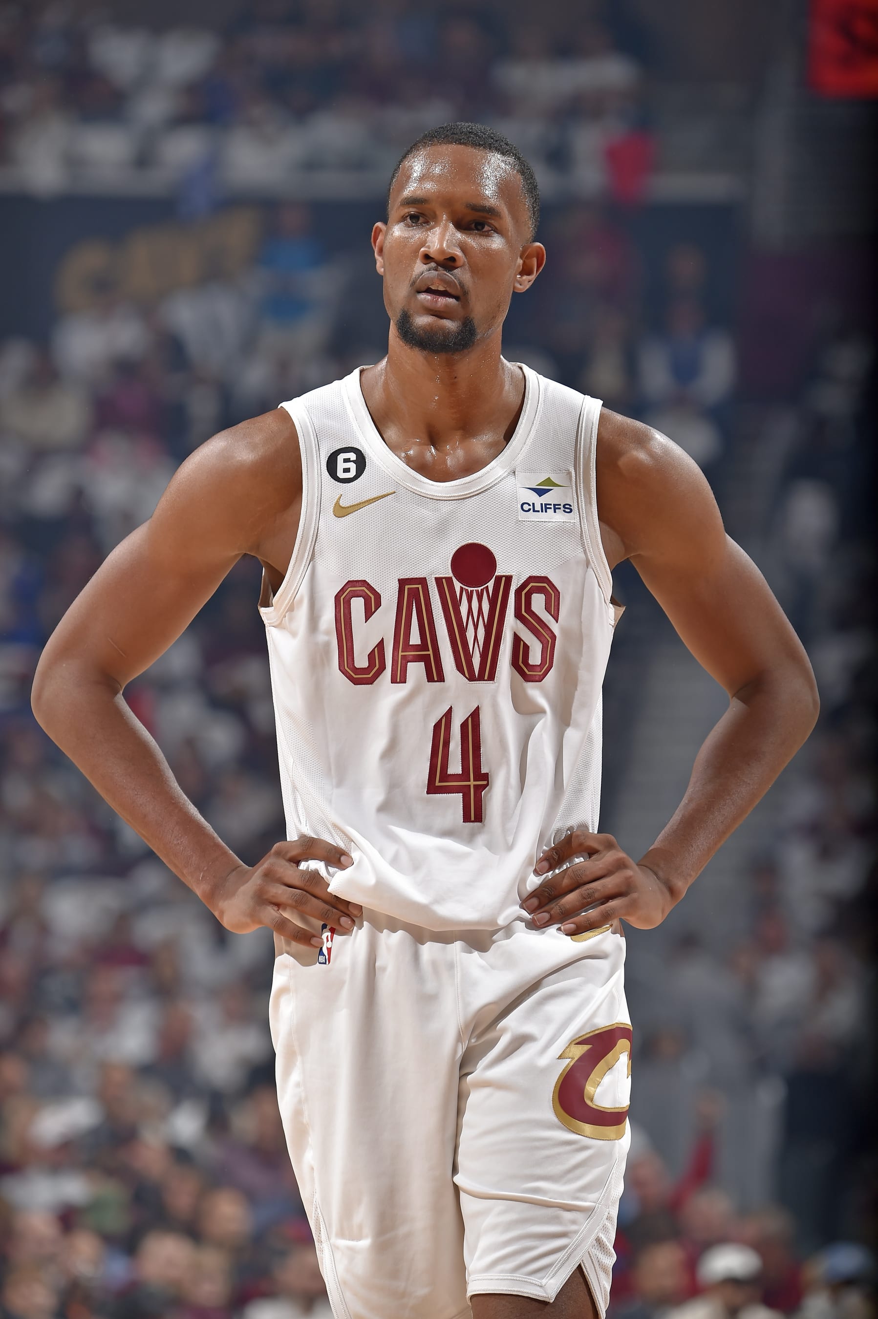 CLEVELAND, OH - APRIL 26: Evan Mobley #4 of the Cleveland Cavaliers looks on during the game against the New York Knicks during round 1 Game 5 of the 2023 NBA Playoffs on April 26, 2023 at Rocket Mortgage FieldHouse in Cleveland, Ohio. NOTE TO USER: User expressly acknowledges and agrees that, by downloading and/or using this Photograph, user is consenting to the terms and conditions of the Getty Images License Agreement. Mandatory Copyright Notice: Copyright 2023 NBAE (Photo by David Liam Kyle/NBAE via Getty Images)