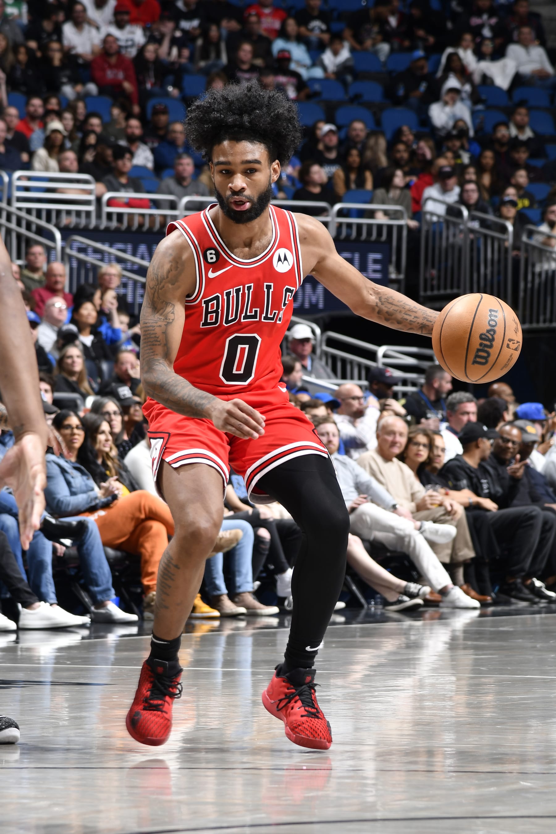 ORLANDO, FL - JANUARY 28: Coby White #0 of the Chicago Bulls dribbles the ball during the game against the Orlando Magic on January 28, 2023 at Amway Center in Orlando, Florida. NOTE TO USER: User expressly acknowledges and agrees that, by downloading and or using this photograph, User is consenting to the terms and conditions of the Getty Images License Agreement. Mandatory Copyright Notice: Copyright 2023 NBAE (Photo by Fernando Medina/NBAE via Getty Images)