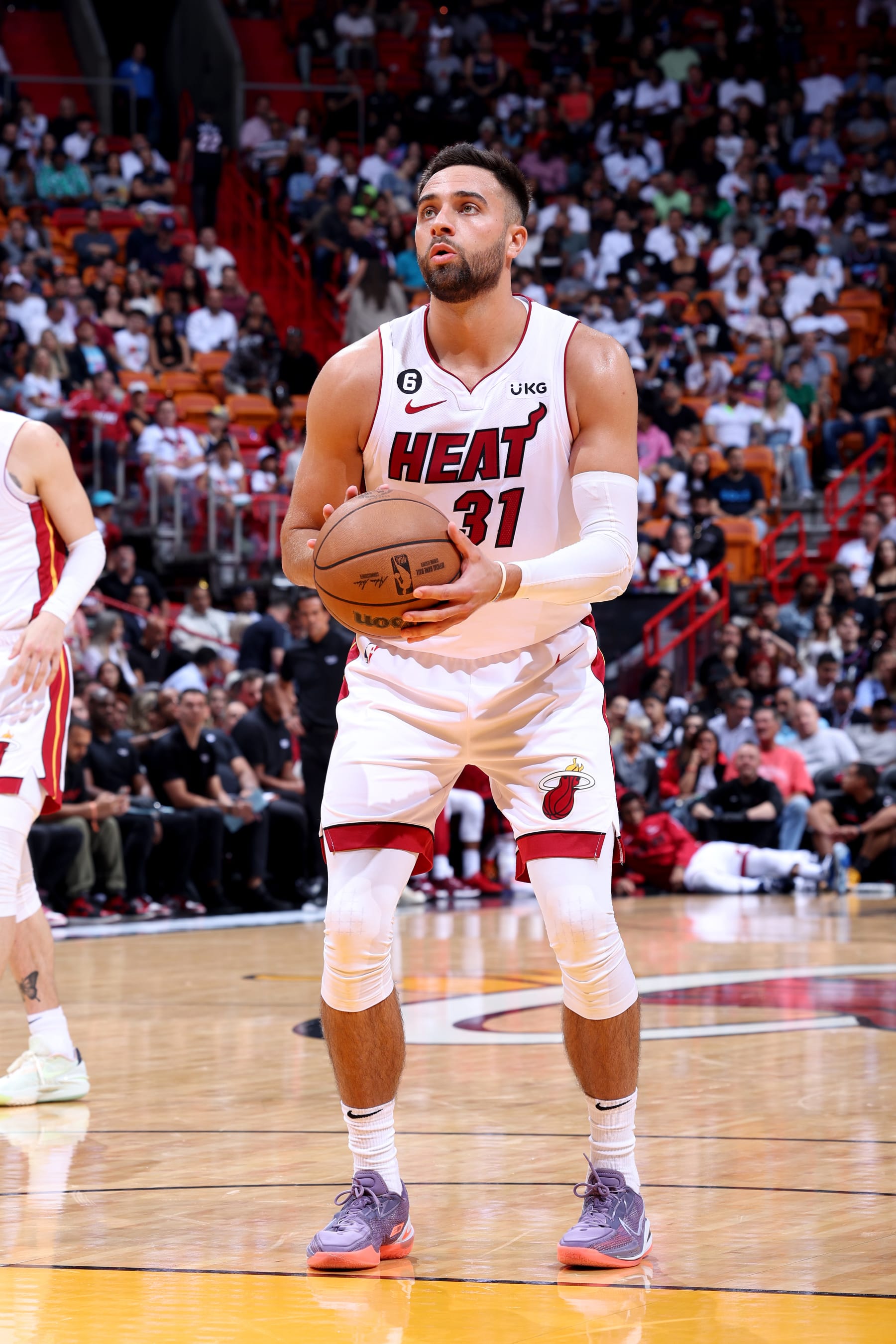 MIAMI, FL - APRIL 14: Max Strus #31 of the Miami Heat prepares to shoot a free throw during the game against the Chicago Bulls During the 2023 Play-in Tournament on April 14, 2023 at Kaseya Center in Miami, Florida. NOTE TO USER: User expressly acknowledges and agrees that, by downloading and or using this photograph, User is consenting to the terms and conditions of the Getty Images License Agreement. Mandatory Copyright Notice: Copyright 2023 NBAE (Photo by Jeff Haynes/NBAE via Getty Images)