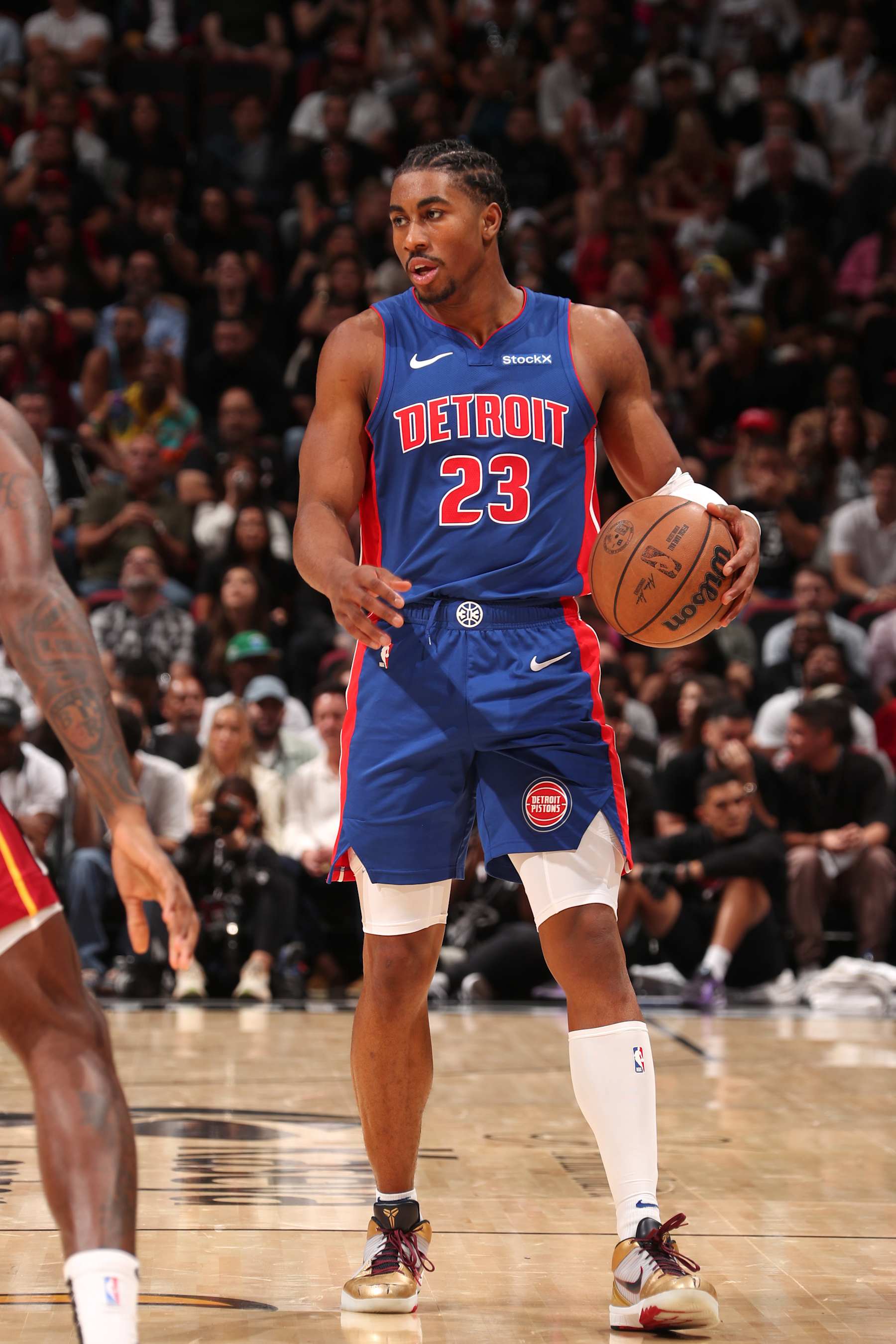 MIAMI, FL - OCTOBER 28: Jaden Ivey #23 of the Detroit Pistons looks on during the game against the Miami Heat on October 28, 2024 at Kaseya Center in Miami, Florida. NOTE TO USER: User expressly acknowledges and agrees that, by downloading and or using this Photograph, user is consenting to the terms and conditions of the Getty Images License Agreement. Mandatory Copyright Notice: Copyright 2024 NBAE (Photo by Issac Baldizon/NBAE via Getty Images)