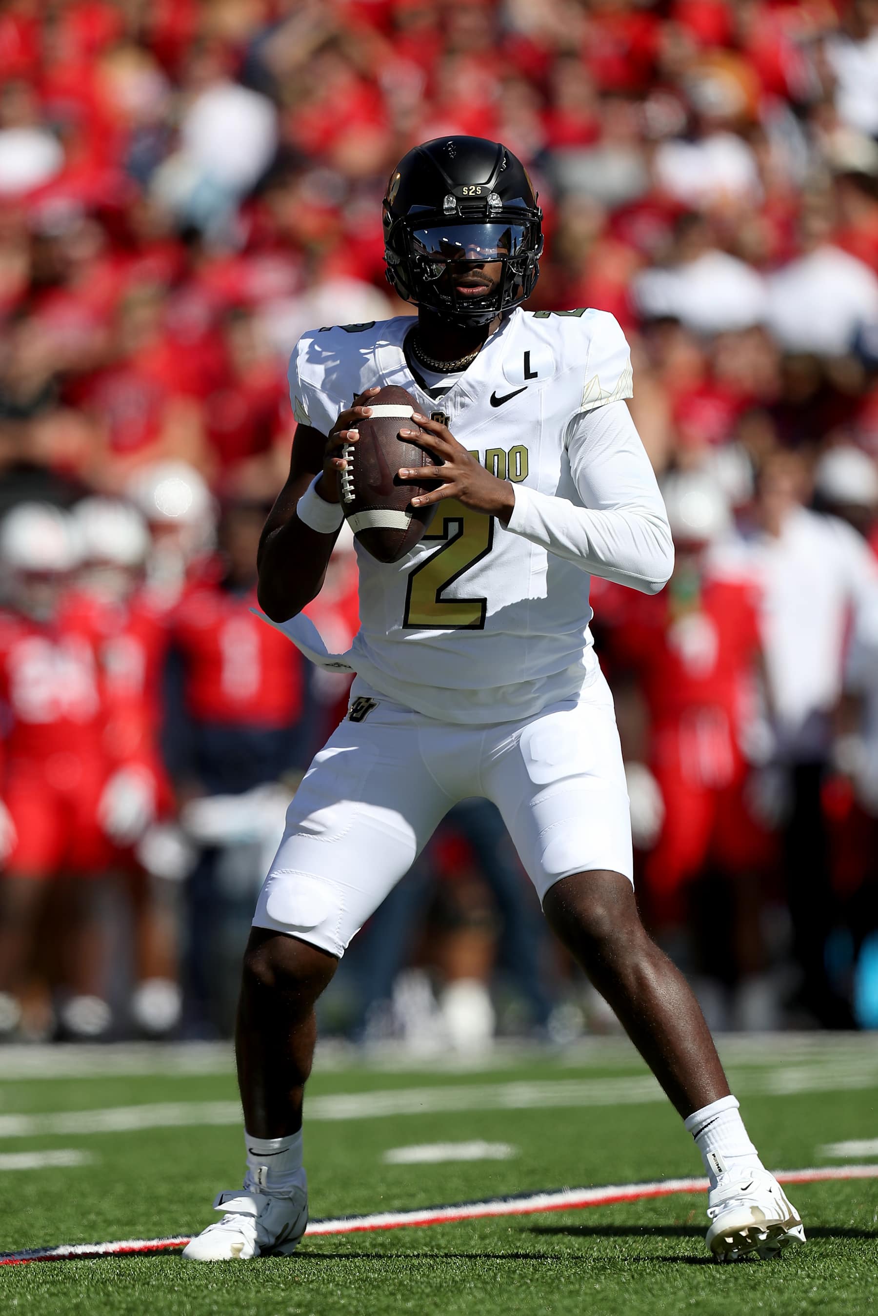 TUCSON, AZ - OCTOBER 19: Colorado Buffaloes quarterback Shedeur Sanders #2 during a football game between the University of Colorado Buffaloes and the University of Arizona Wildcats.  October 19, 2024 at Arizona Stadium in Tucson, AZ. (Photo by Christopher Hook/Icon Sportswire via Getty Images)