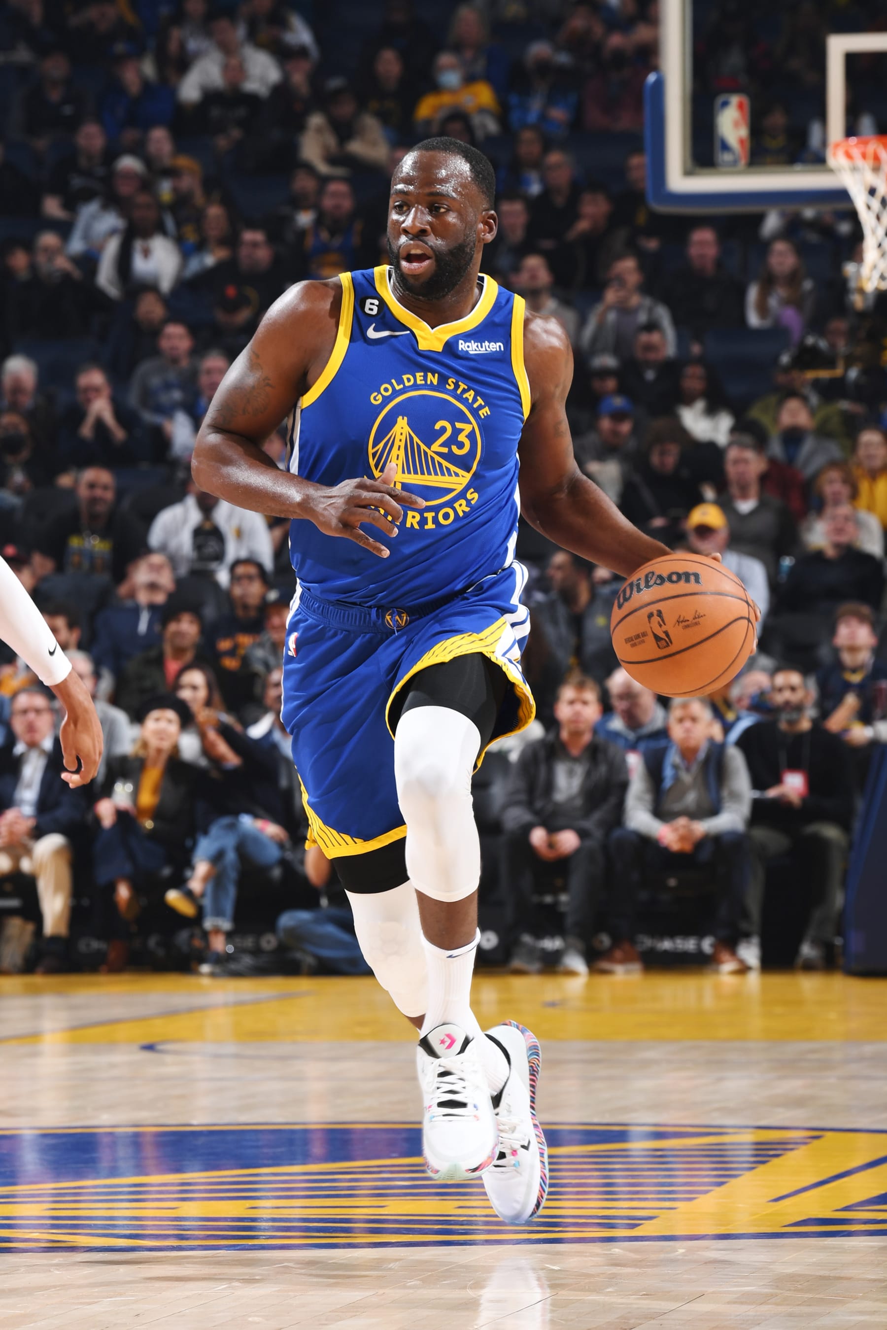 SAN FRANCISCO, CA - FEBRUARY 28: Draymond Green #23 of the Golden State Warriors drives to the basket during the game against the Portland Trail Blazers on February 28, 2023 at Chase Center in San Francisco, California. NOTE TO USER: User expressly acknowledges and agrees that, by downloading and or using this photograph, user is consenting to the terms and conditions of Getty Images License Agreement. Mandatory Copyright Notice: Copyright 2023 NBAE (Photo by Noah Graham/NBAE via Getty Images)