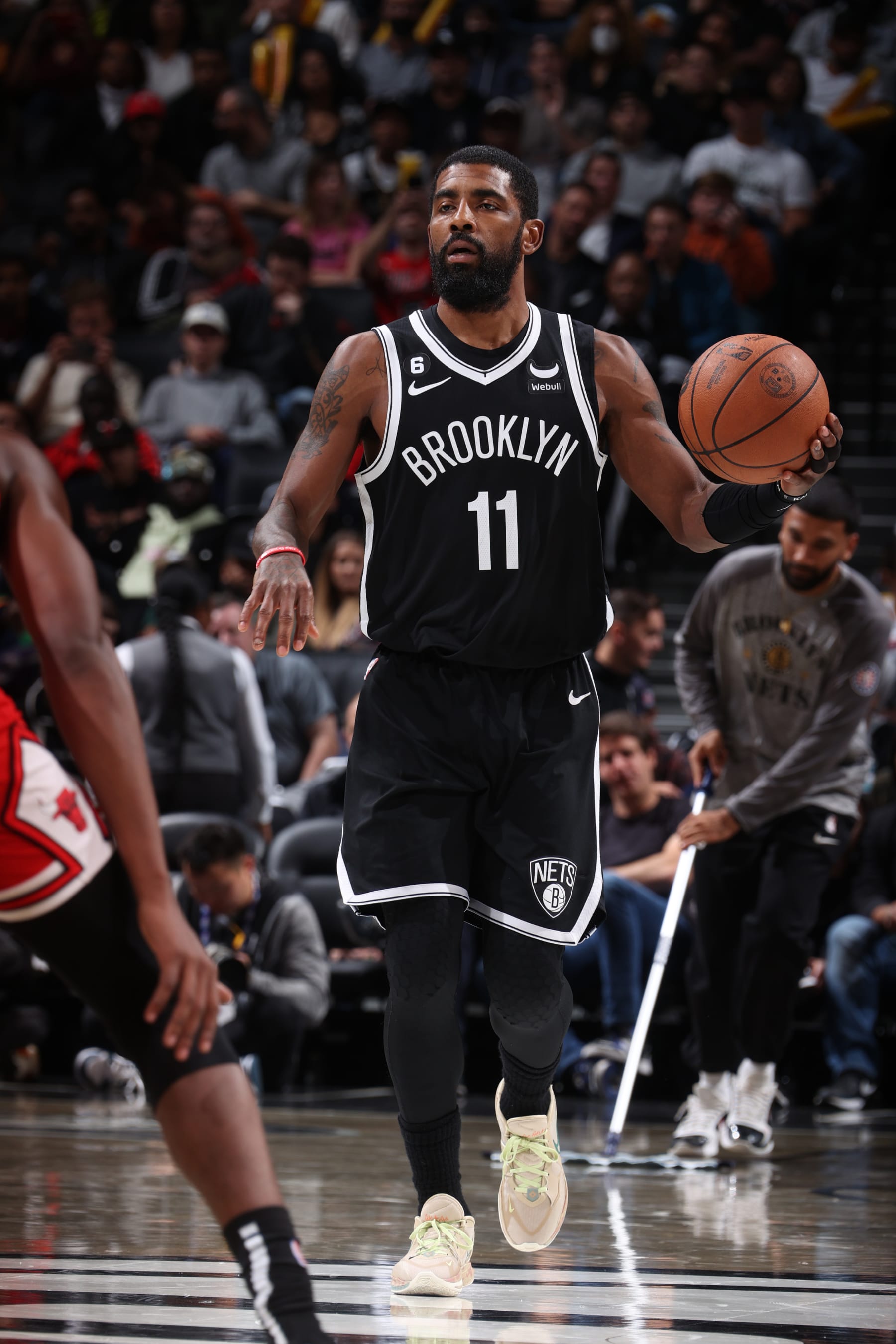 BROOKLYN, NY - NOVEMBER 1: Kyrie Irving #11 of the Brooklyn Nets dribbles the ball during the game against the Chicago Bulls on November 1, 2022 at Barclays Center in Brooklyn, New York. NOTE TO USER: User expressly acknowledges and agrees that, by downloading and or using this Photograph, user is consenting to the terms and conditions of the Getty Images License Agreement. Mandatory Copyright Notice: Copyright 2022 NBAE (Photo by Nathaniel S. Butler/NBAE via Getty Images)