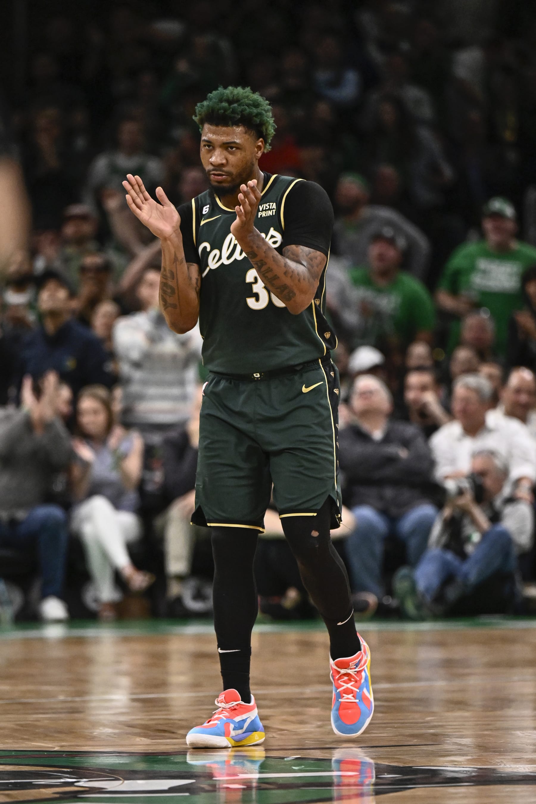 BOSTON, MA - MAY 9: Marcus Smart #36 of the Boston Celtics looks on during the game during round two game five of the 2023 NBA Playoffson May 9, 2023 at the TD Garden in Boston, Massachusetts. NOTE TO USER: User expressly acknowledges and agrees that, by downloading and or using this photograph, User is consenting to the terms and conditions of the Getty Images License Agreement. Mandatory Copyright Notice: Copyright 2023 NBAE  (Photo by David Dow/NBAE via Getty Images)