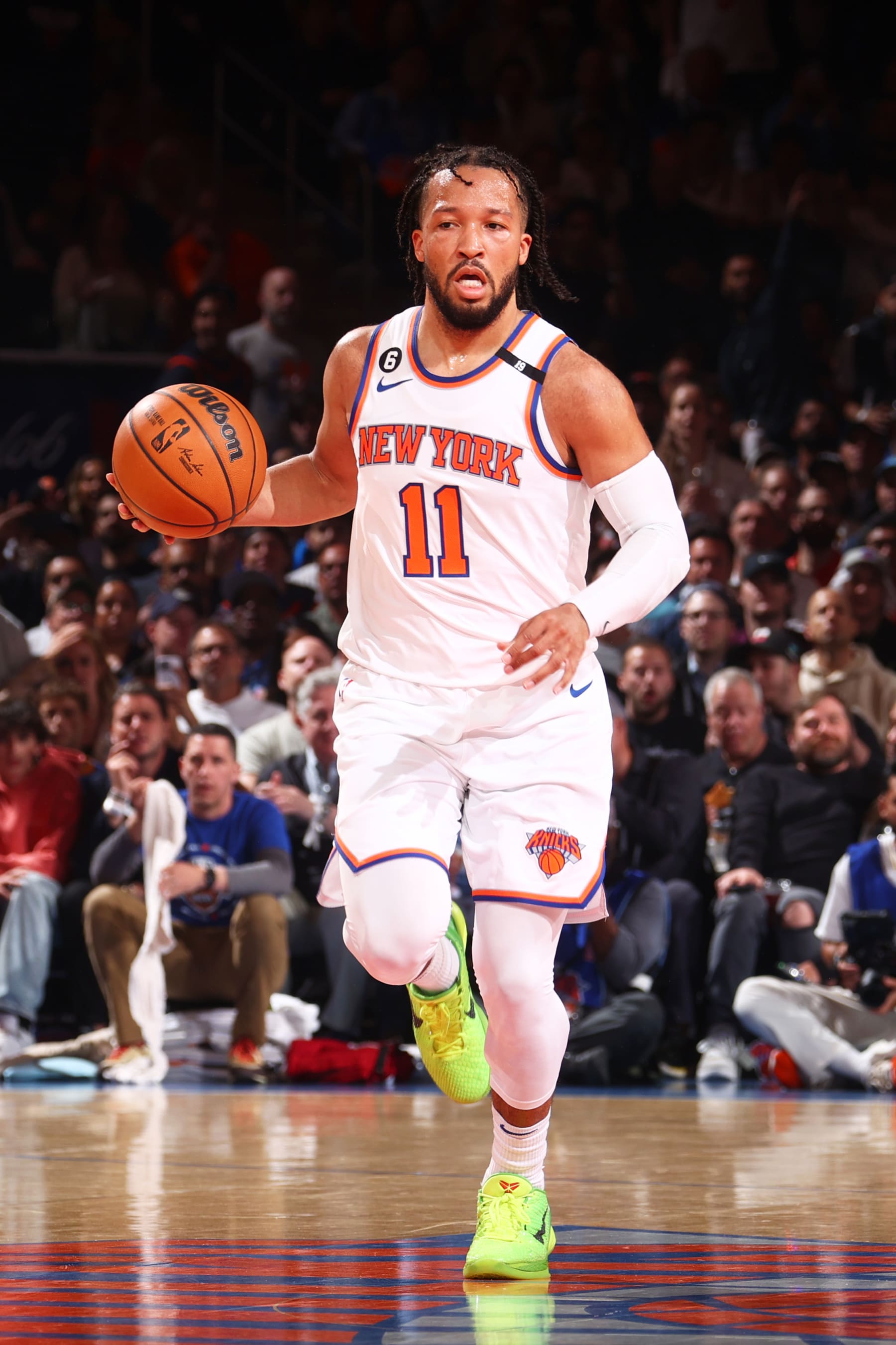 NEW YORK, NY - MAY 10: Jalen Brunson #11 of the New York Knicks dribbles the ball during Round 2 Game 5 of the Semi-Finals 2023 NBA Playoffs against the Miami Heat on May 10, 2023 at Madison Square Garden in New York City, New York.  NOTE TO USER: User expressly acknowledges and agrees that, by downloading and or using this photograph, User is consenting to the terms and conditions of the Getty Images License Agreement. Mandatory Copyright Notice: Copyright 2023 NBAE  (Photo by Nathaniel S. Butler/NBAE via Getty Images)