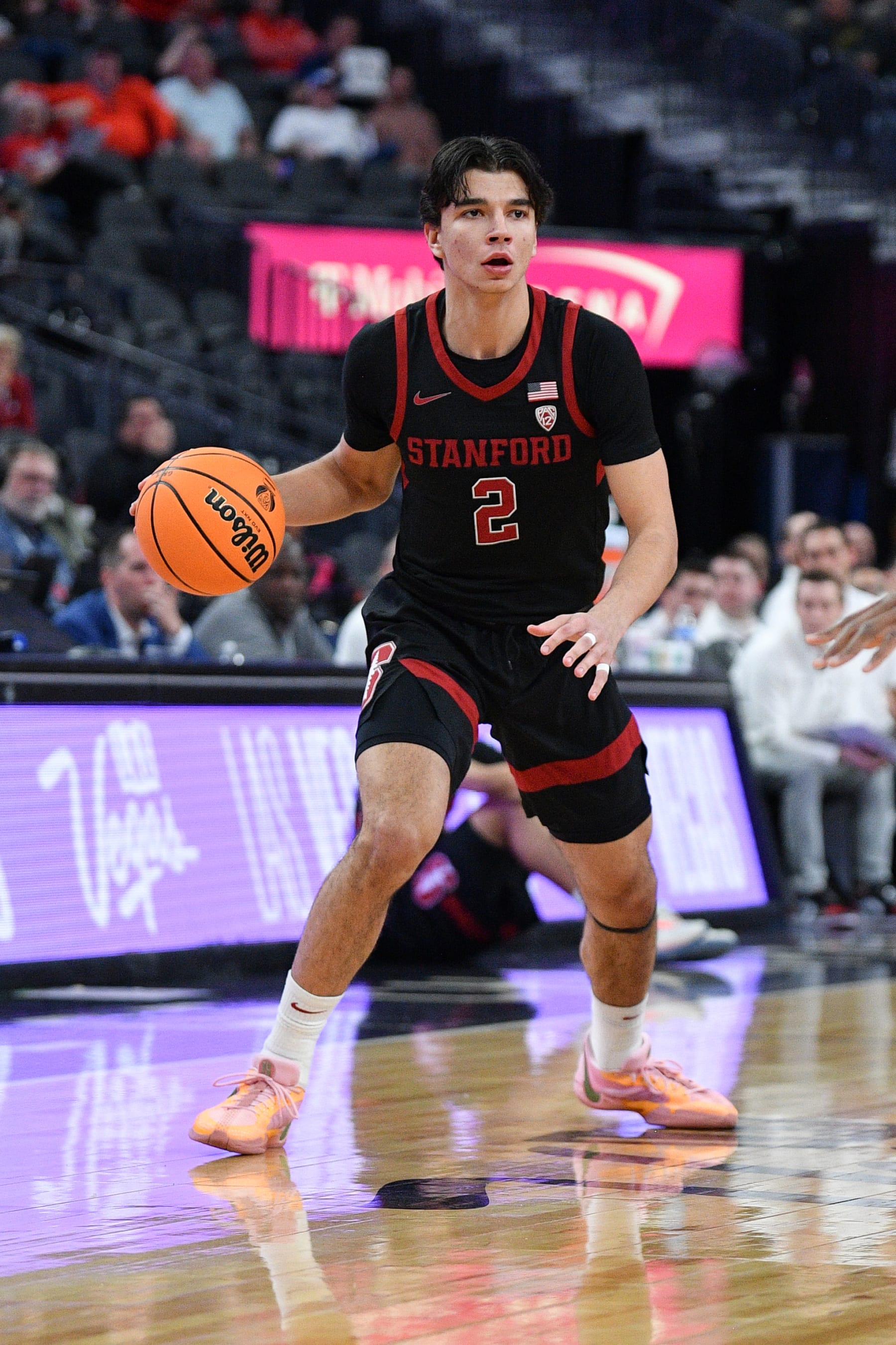 LAS VEGAS, NV - MARCH 14: Stanford Cardinal guard Andrej Stojakovic (2) dribbles up the court during the quarterfinal game of the men's Pac-12 Tournament  between the Stanford Cardinal and the Washington State Cougars on March 14, 2024, at the T-Mobile Arena in Las Vegas, NV. (Photo by Brian Rothmuller/Icon Sportswire via Getty Images)