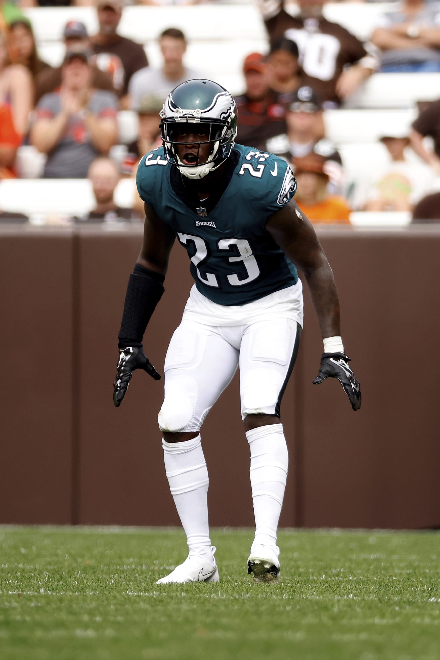 Philadelphia Eagles safety Jaquiski Tartt (23) drops back in coverage during an NFL preseason football game against the Cleveland Browns, Sunday, Aug. 21, 2022, in Cleveland. (AP Photo/Kirk Irwin)