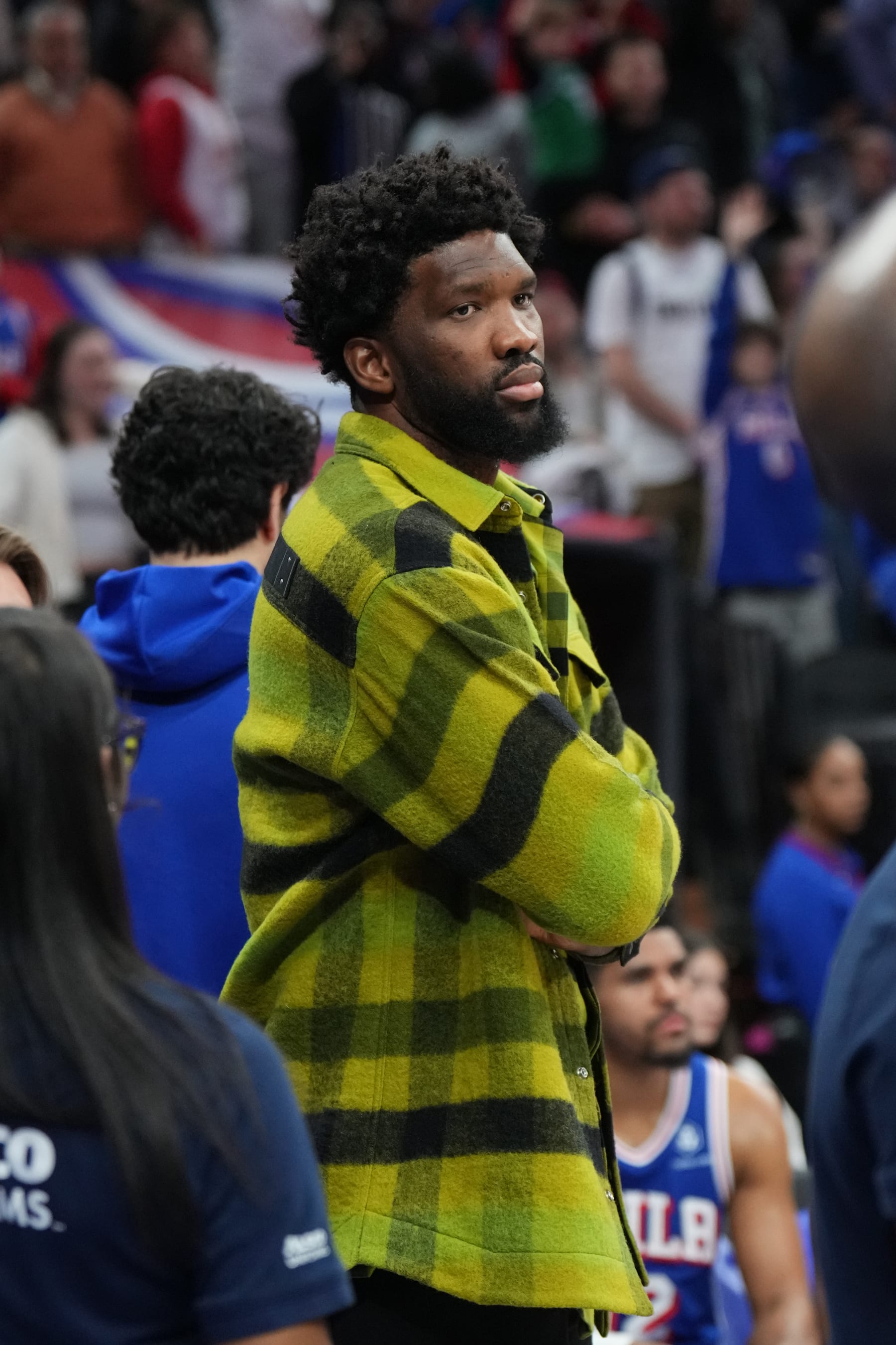 PHILADELPHIA, PA - FEBRUARY 5: Joel Embiid #21 of the Philadelphia 76ers looks on during the game against the Dallas Mavericks on February 5, 2024 at the Wells Fargo Center in Philadelphia, Pennsylvania NOTE TO USER: User expressly acknowledges and agrees that, by downloading and/or using this Photograph, user is consenting to the terms and conditions of the Getty Images License Agreement. Mandatory Copyright Notice: Copyright 2024 NBAE (Photo by Jesse D. Garrabrant/NBAE via Getty Images)