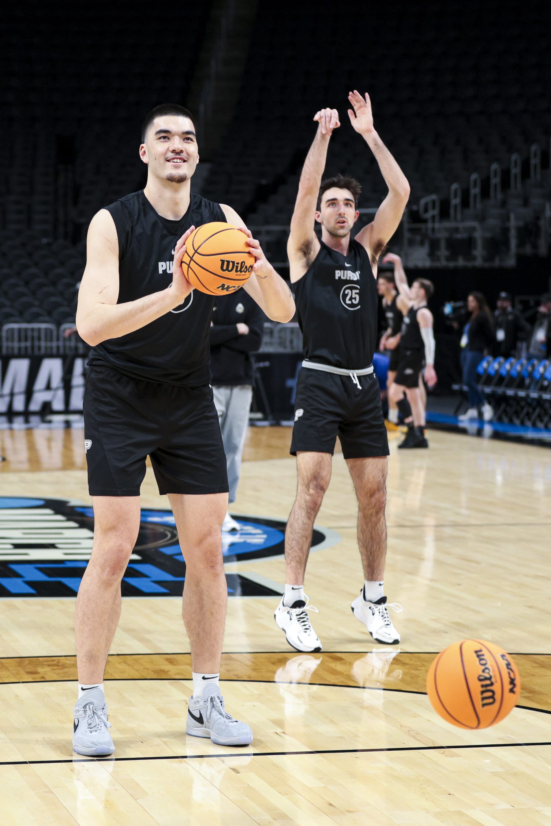 DETROIT, MICHIGAN - MARCH 28: Zach Edey #15 of the Purdue Boilermakers shoots free throws during practice ahead of the NCAA Men's Basketball Tournament Sweet 16 round at Little Caesars Arena on March 28, 2024 in Detroit, Michigan. (Photo by Mike Mulholland/Getty Images)