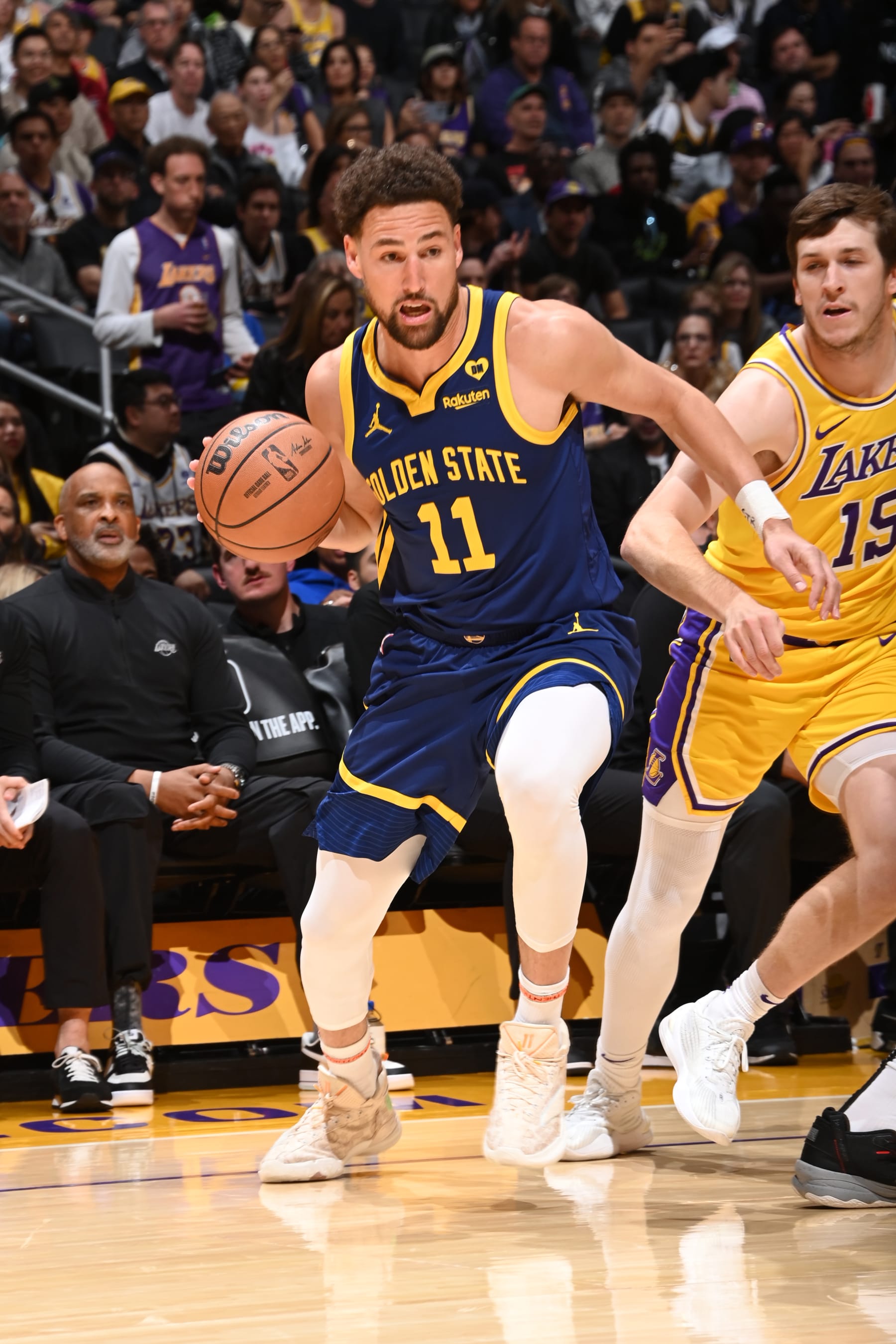 LOS ANGELES, CA - APRIL 9: Klay Thompson #11 of the Golden State Warriors drives to the basket during the game against the Los Angeles Lakers on April 9, 2024 at Crypto.Com Arena in Los Angeles, California. NOTE TO USER: User expressly acknowledges and agrees that, by downloading and/or using this Photograph, user is consenting to the terms and conditions of the Getty Images License Agreement. Mandatory Copyright Notice: Copyright 2024 NBAE (Photo by Andrew D. Bernstein/NBAE via Getty Images)