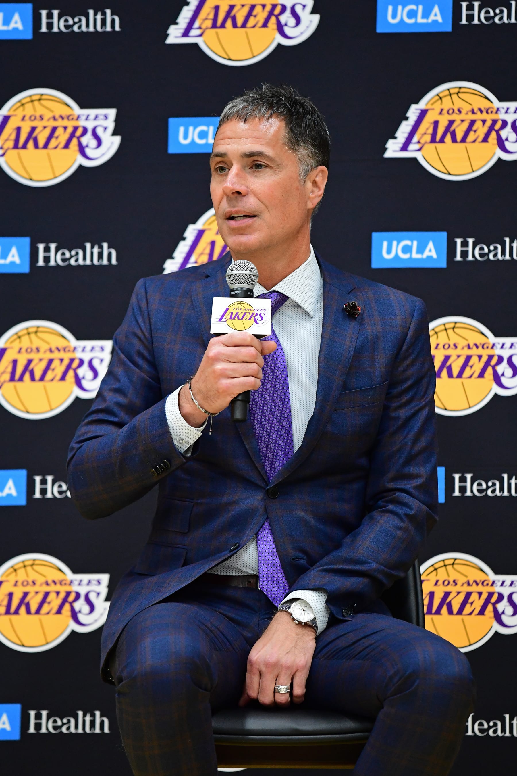 EL SEGUNDO, CA - JUNE 24: General Manager Rob Pelinka of the Los Angeles Lakers looks on during a press conference on June 24, 2024 at UCLA Health Training Center in El Segundo, California. NOTE TO USER: User expressly acknowledges and agrees that, by downloading and or using this photograph, User is consenting to the terms and conditions of the Getty Images License Agreement. Mandatory Copyright Notice: Copyright 2024 NBAE (Photo by Adam Pantozzi/NBAE via Getty Images)