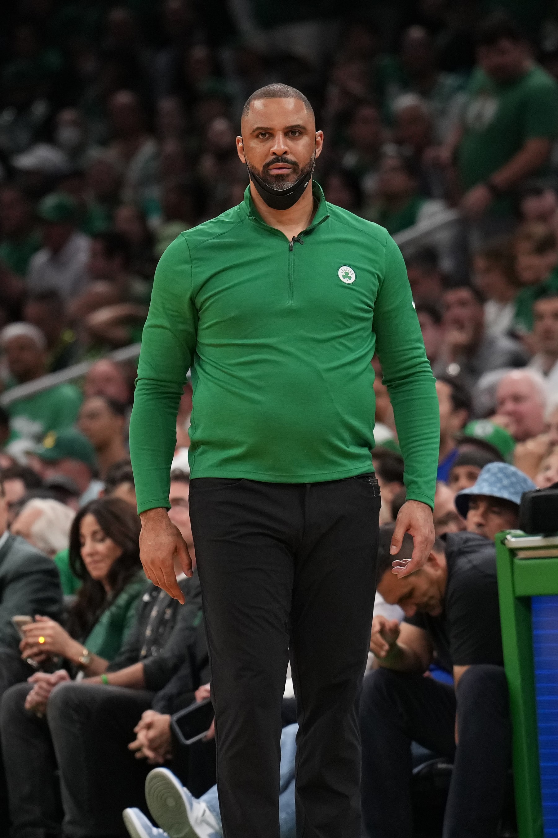 BOSTON, MA - JUNE 8: Head Coach Ime Udoka of the Boston Celtics looks on during Game Three of the 2022 NBA Finals on June 8, 2022 at the TD Garden in Boston, Massachusetts.  NOTE TO USER: User expressly acknowledges and agrees that, by downloading and or using this photograph, User is consenting to the terms and conditions of the Getty Images License Agreement. Mandatory Copyright Notice: Copyright 2022 NBAE  (Photo by Jesse D. Garrabrant/NBAE via Getty Images)