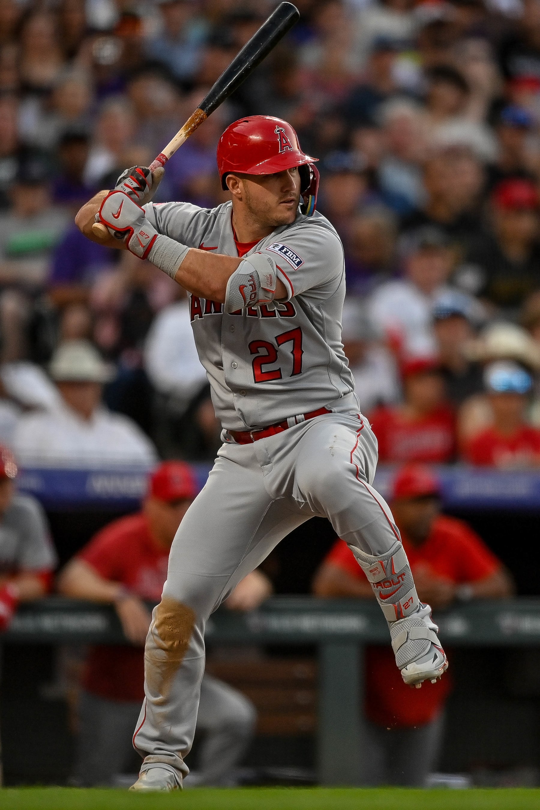 DENVER, CO - JUNE 24: Mike Trout #27 of the Los Angeles Angels bats in the third inning of a game against the Colorado Rockies at Coors Field on June 24, 2023 in Denver, Colorado. (Photo by Dustin Bradford/Getty Images)
