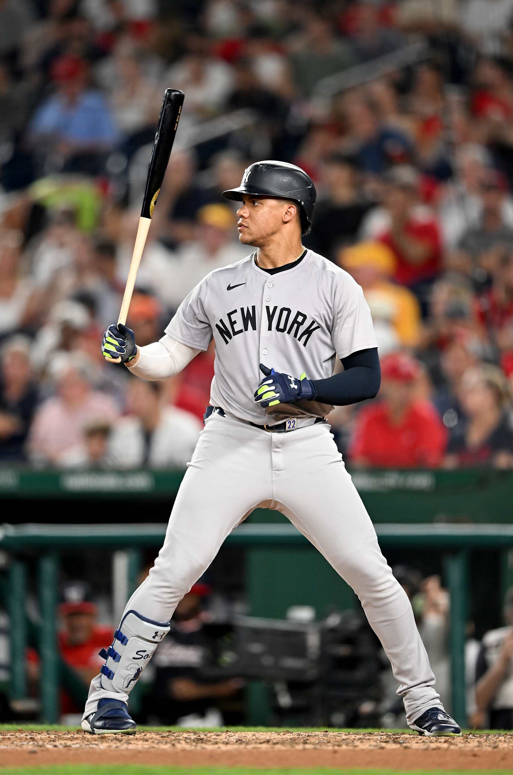 WASHINGTON, DC - AUGUST 28: Juan Soto #22 of the New York Yankees bats against the Washington Nationals at Nationals Park on August 28, 2024 in Washington, DC. (Photo by G Fiume/Getty Images)