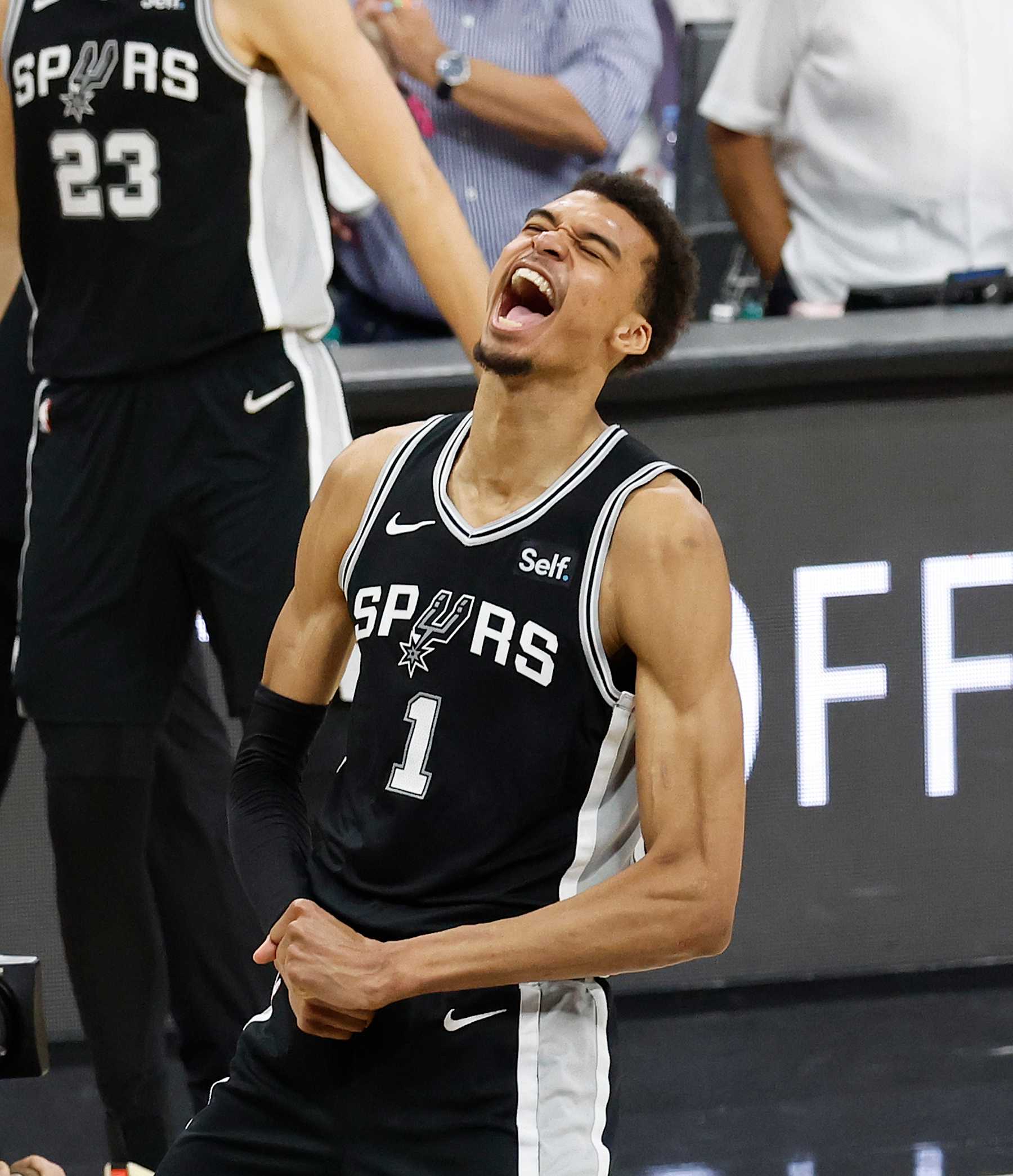 SAN ANTONIO, TX - APRIL 12: Victor Wembanyama #1 of the San Antonio Spurs celebrates after the defeated the Denver Nuggets 121-120 at Frost Bank Center on April 12, 2024 in San Antonio, Texas. NOTE TO USER: User expressly acknowledges and agrees that, by downloading and or using this photograph, User is consenting to terms and conditions of the Getty Images License Agreement. (Photo by Ronald Cortes/Getty Images)