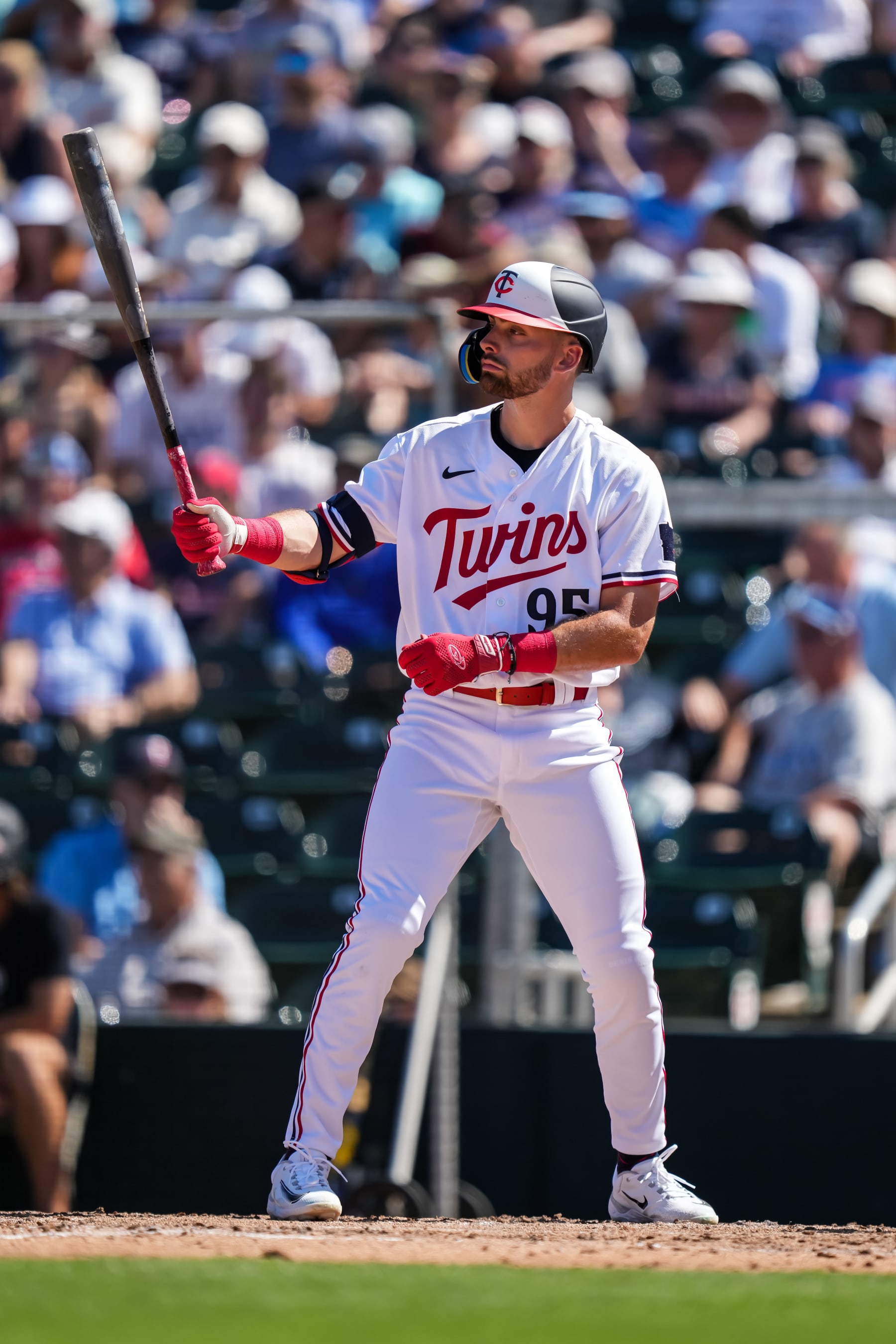 FORT MYERS, FL- FEBRUARY 25: Edouard Julien #95 of the Minnesota Twins bats during a spring training game agains the Tampa Bay Rays on February 25, 2023 at the Hammond Stadium in Fort Myers, Florida. (Photo by Brace Hemmelgarn/Minnesota Twins/Getty Images)