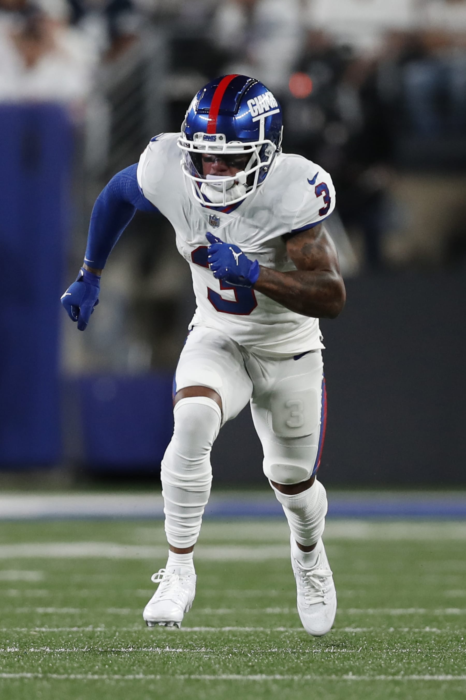 New York Giants wide receiver Sterling Shepard (3) runs a route during an NFL football game against the Dallas Cowboys, Monday, Sept. 26, 2022, in East Rutherford, N.J. The Dallas Cowboys won 23-16. (AP Photo/Steve Luciano)
