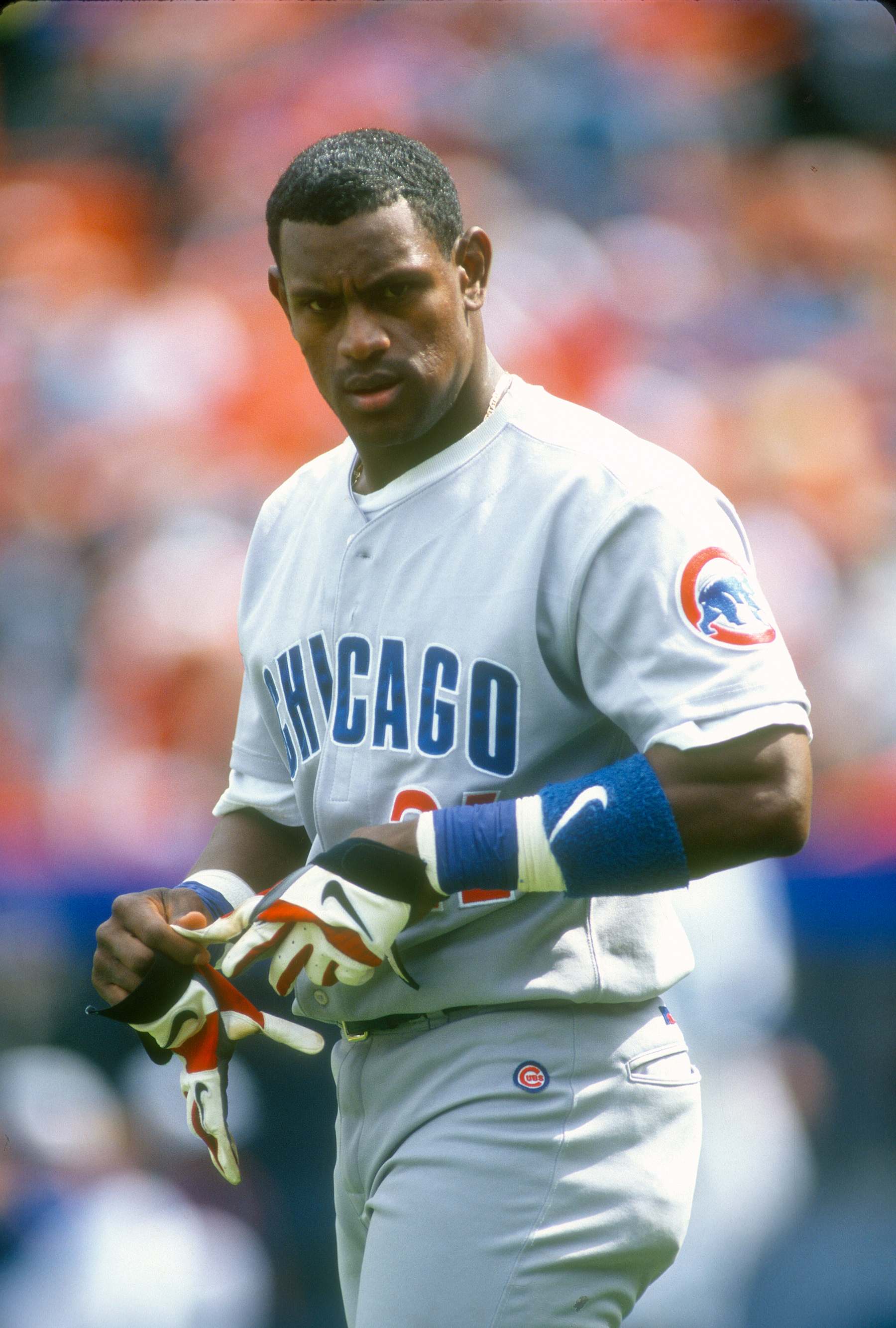 NEW YORK - CIRCA 1997:  Sammy Sosa #21 of the Chicago Cubs looks on against the New York Mets during a Major League Baseball game circa 1997 at Shea Stadium in the Queens borough of New York City. Sosa played for the Cubs 1992-2004. (Photo by Focus on Sport/Getty Images)
