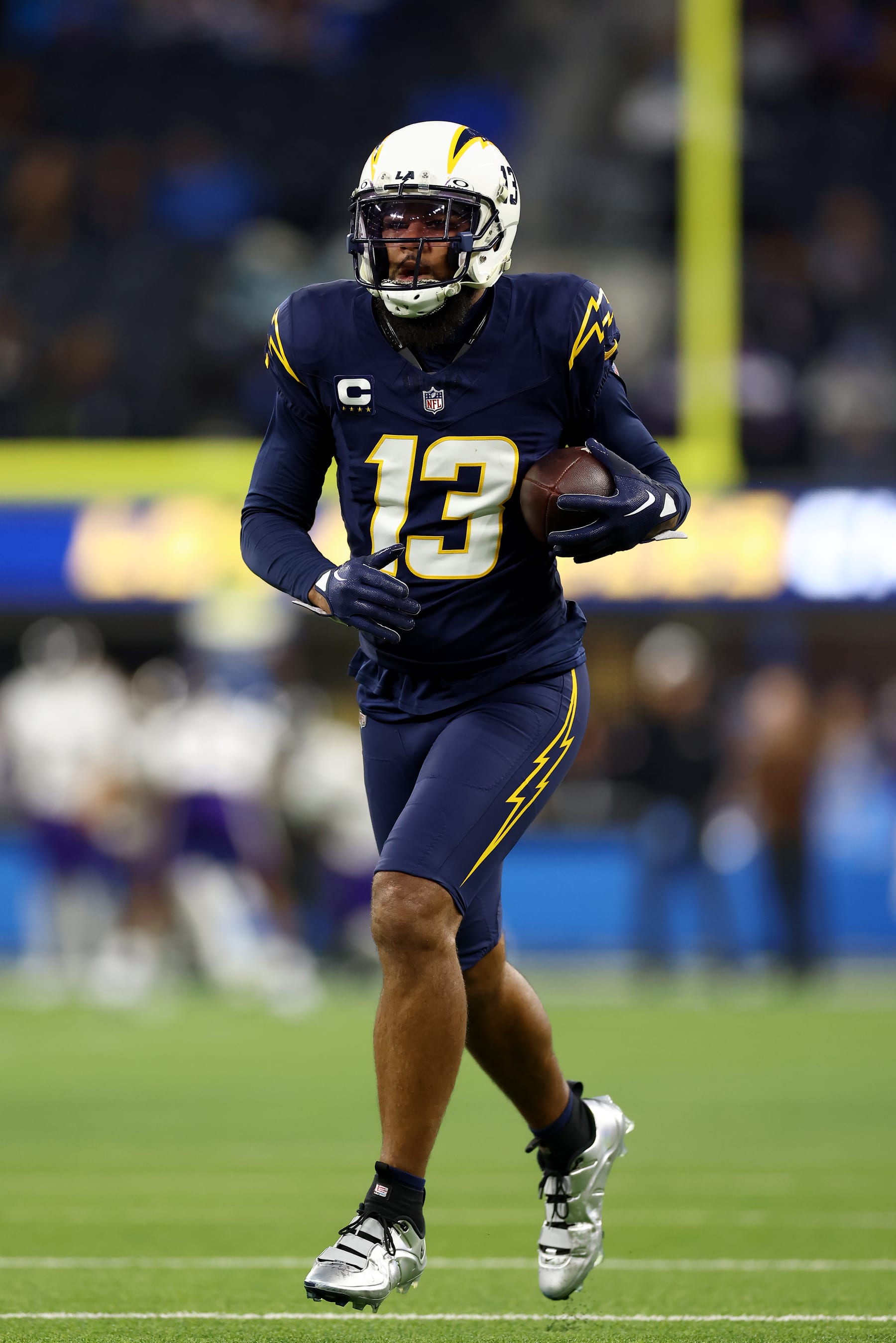 INGLEWOOD, CALIFORNIA - NOVEMBER 26: Keenan Allen #13 of the Los Angeles Chargers warms up prior to the game against the Baltimore Ravens at SoFi Stadium on November 26, 2023 in Inglewood, California. (Photo by Katelyn Mulcahy/Getty Images)
