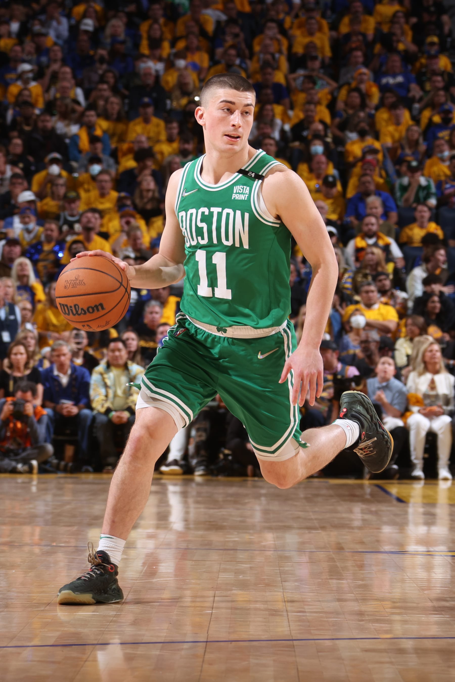 SAN FRANCISCO, CA - JUNE 5: Payton Pritchard #11 of the Boston Celtics drives to the basket against the Golden State Warriors during Game Two of the 2022 NBA Finals on June 5, 2022 at Chase Center in San Francisco, California. NOTE TO USER: User expressly acknowledges and agrees that, by downloading and or using this photograph, user is consenting to the terms and conditions of Getty Images License Agreement. Mandatory Copyright Notice: Copyright 2022 NBAE (Photo by Nathaniel S. Butler/NBAE via Getty Images)