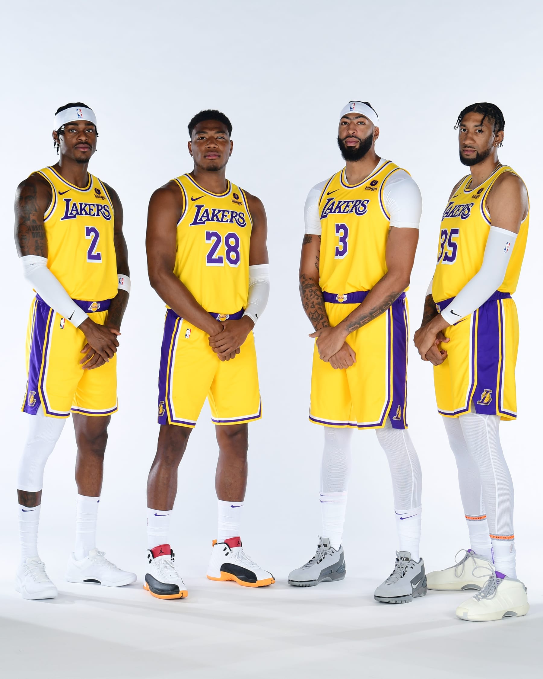 EL SEGUNDO, CA - OCTOBER 02: Jarred Vanderbilt #2, Rui Hachimura #28, Anthony Davis #3 and Christian Wood #35 of the Los Angeles Lakers pose for a portrait during 2023-24 NBA Media day at UCLA Health Training Center on October 02, 2023 in El Segundo, California. NOTE TO USER: User expressly acknowledges and agrees that, by downloading and/or using this Photograph, user is consenting to the terms and conditions of the Getty Images License Agreement. Mandatory Copyright Notice: Copyright 2023 NBAE (Photo by Adam Pantozzi/NBAE via Getty Images)