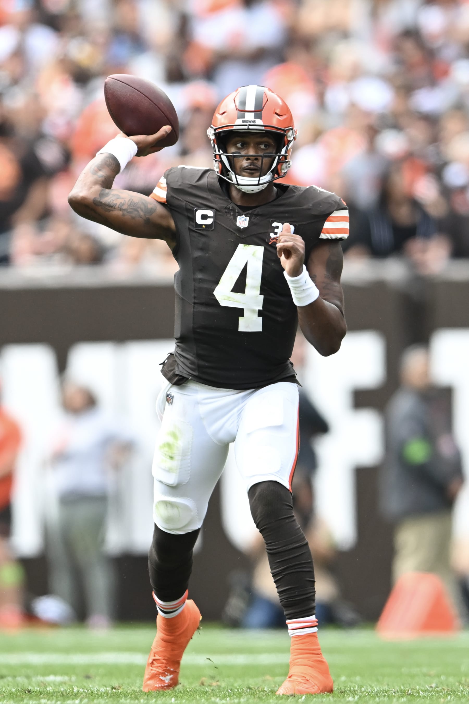 CLEVELAND, OHIO - SEPTEMBER 24: Deshaun Watson #4 of the Cleveland Browns throws the ball during the second half in the game against the Tennessee Titans at Cleveland Browns Stadium on September 24, 2023 in Cleveland, Ohio. (Photo by Nick Cammett/Getty Images)