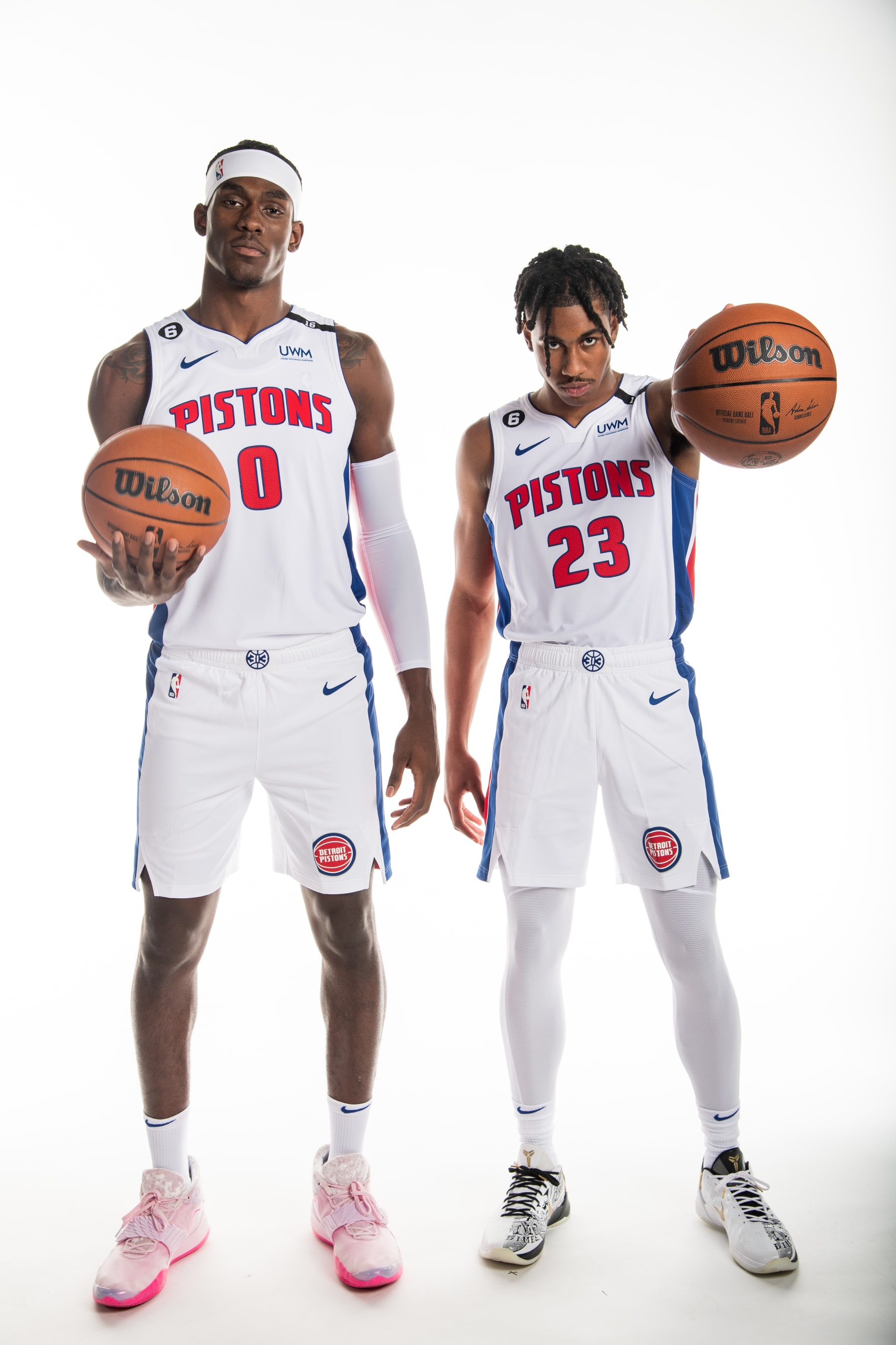DETROIT, MICHIGAN - SEPTEMBER 26: Jalen Duren #0 of the Detroit Pistons and Jaden Ivey #23 of the Detroit Pistons pose for a portrait during the Detroit Pistons Media Day at Little Caesars Arena on September 26, 2022 in Detroit, Michigan. NOTE TO USER: User expressly acknowledges and agrees that, by downloading and or using this photograph, User is consenting to the terms and conditions of the Getty Images License Agreement. Mandatory Copyright Notice: Copyright 2022 NBAE (Photo by Chris Schwegler/NBAE via Getty Images)
