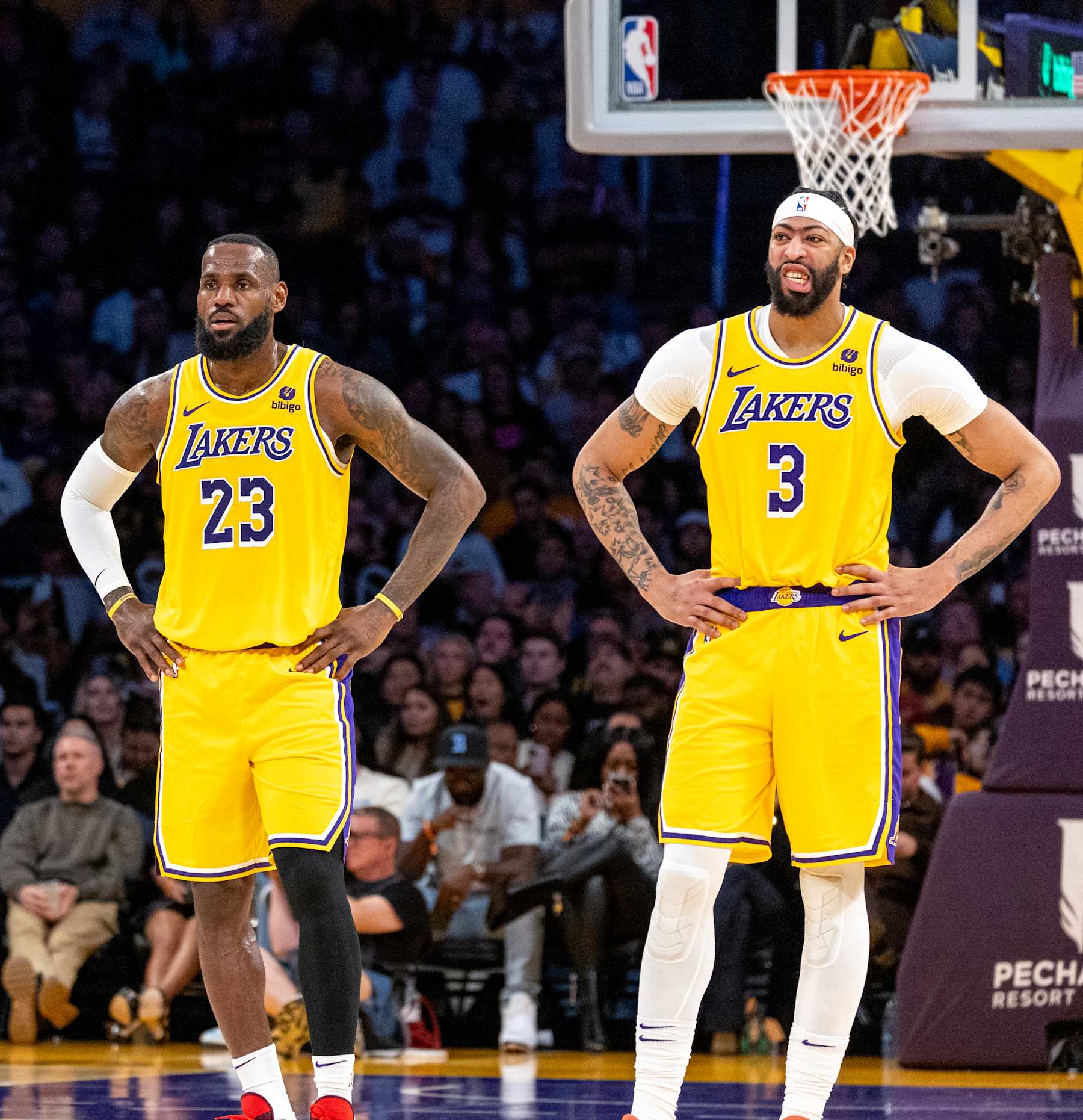 LOS ANGELES, CA - MARCH 18, 2024: Los Angeles Lakers forward LeBron James (23)  and Los Angeles Lakers forward Anthony Davis (3) stand down court  during the game against the Atlanta Hawks at Crypto.com Arena on March 18, 2024 in Los Angeles, California.(Gina Ferazzi / Los Angeles Times via Getty Images)