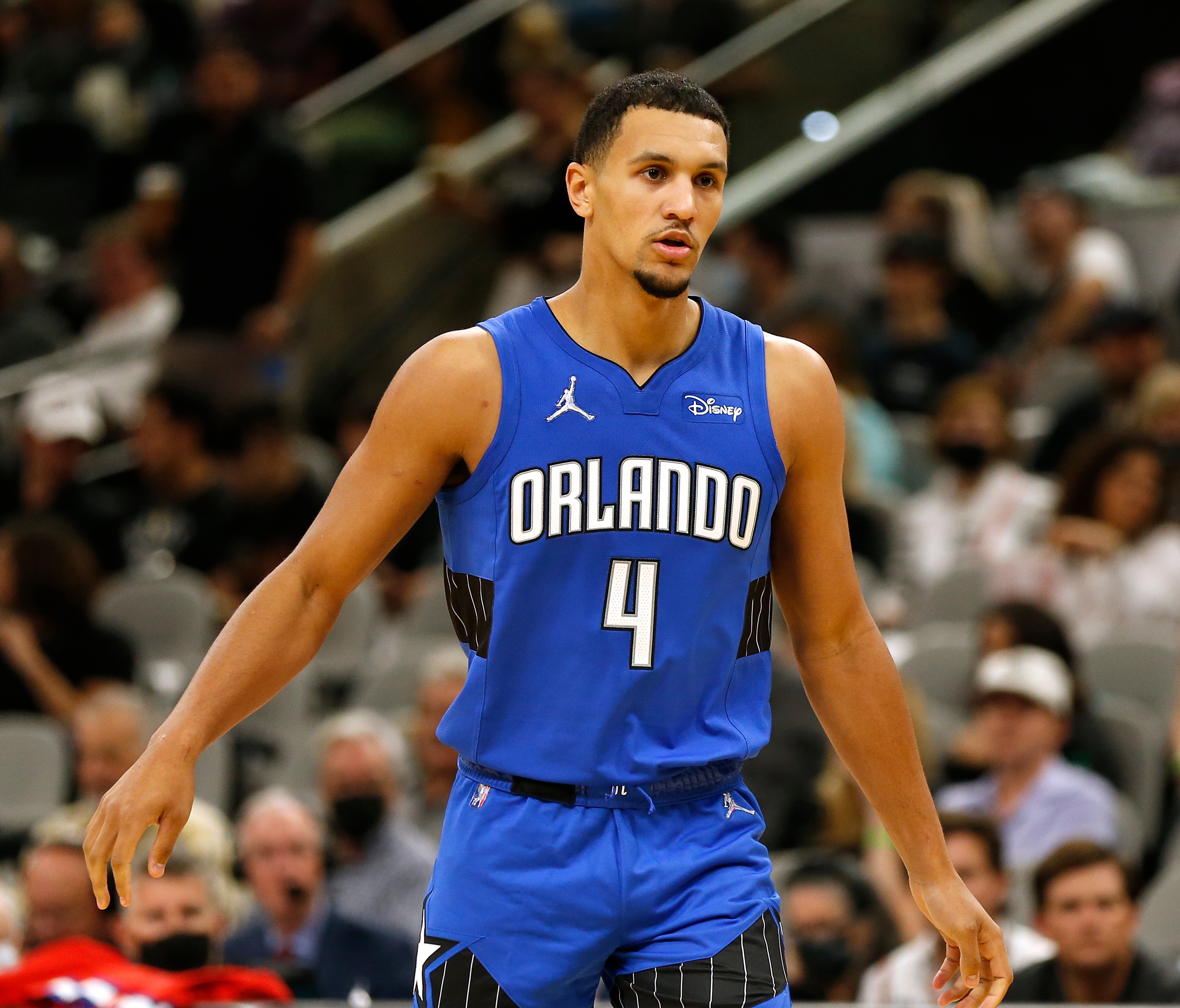 SAN ANTONIO, TX - OCTOBER  20:  Jalen Suggs #4 of the Orlando Magic during home opener against the San Antonio Spurs  at AT&T Center on October 20, 2021 in San Antonio, Texas.  NOTE TO USER: User expressly acknowledges and agrees that , by downloading and or using this photograph, User is consenting to the terms and conditions of the Getty Images License Agreement. (Photo by Ronald Cortes/Getty Images)