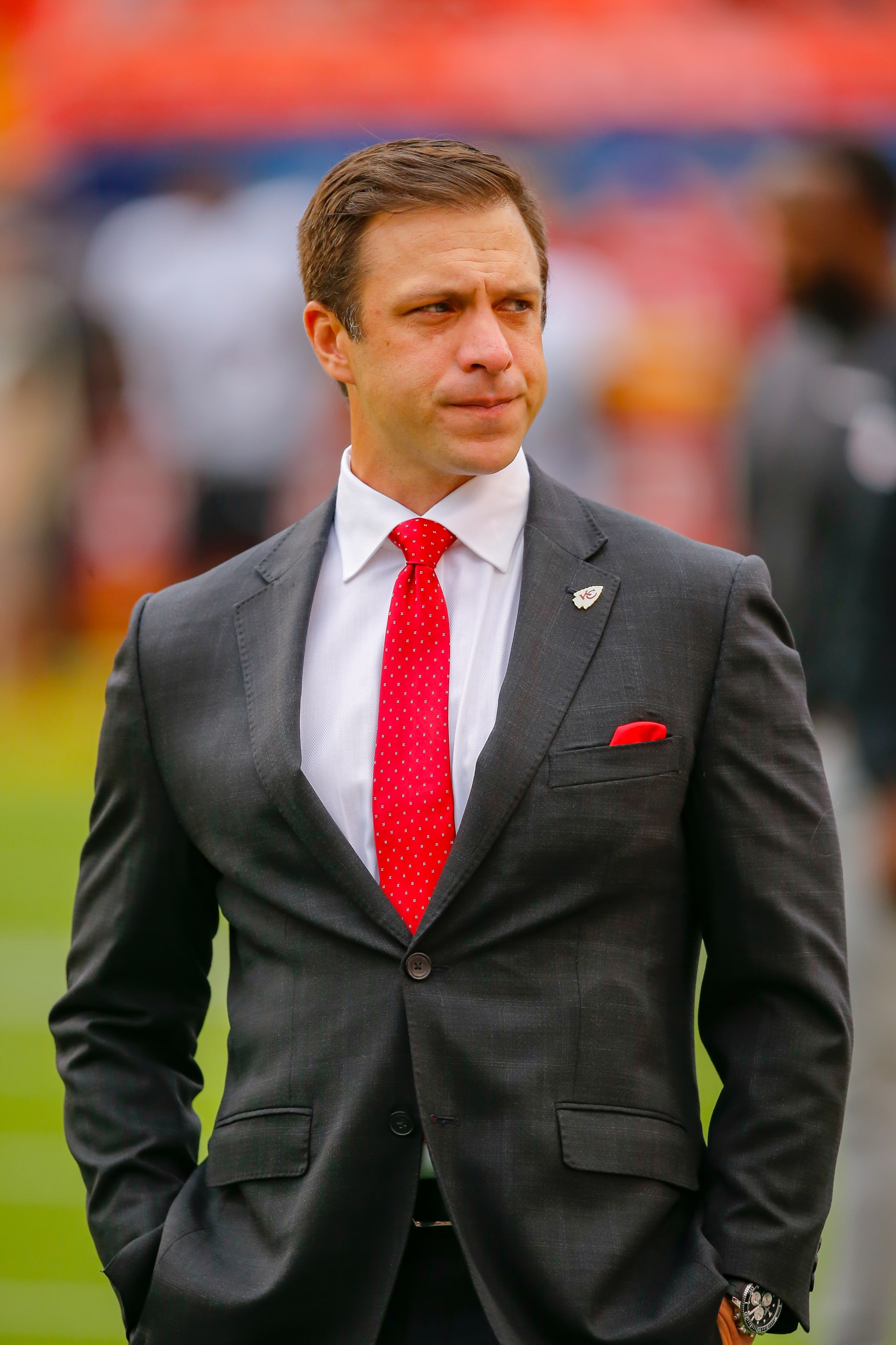 KANSAS CITY, MO - SEPTEMBER 22: Kansas City Chiefs general manager Brett Veach walks the sidelines prior to the game between the Kansas City Chiefs and the Baltimore Ravens at Arrowhead Stadium on September 22, 2019 in Kansas City, Missouri. (Photo by David Eulitt/Getty Images)