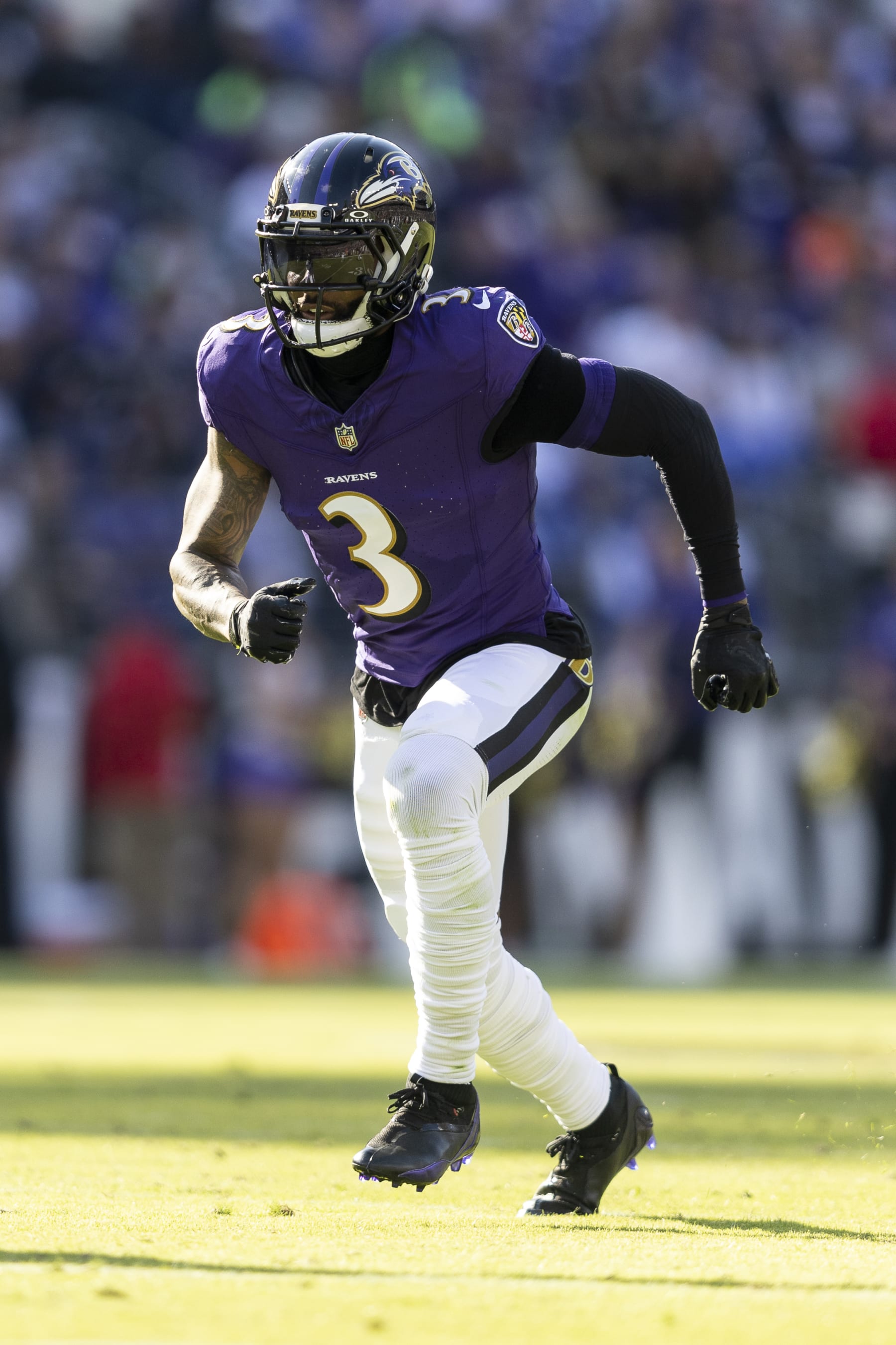 BALTIMORE, MARYLAND - NOVEMBER 05: Odell Beckham Jr. #3 of the Baltimore Ravens runs a route during an NFL football game between the Baltimore Ravens and the Seattle Seahawks at M&T Bank Stadium on November 05, 2023 in Baltimore, Maryland. (Photo by Michael Owens/Getty Images)