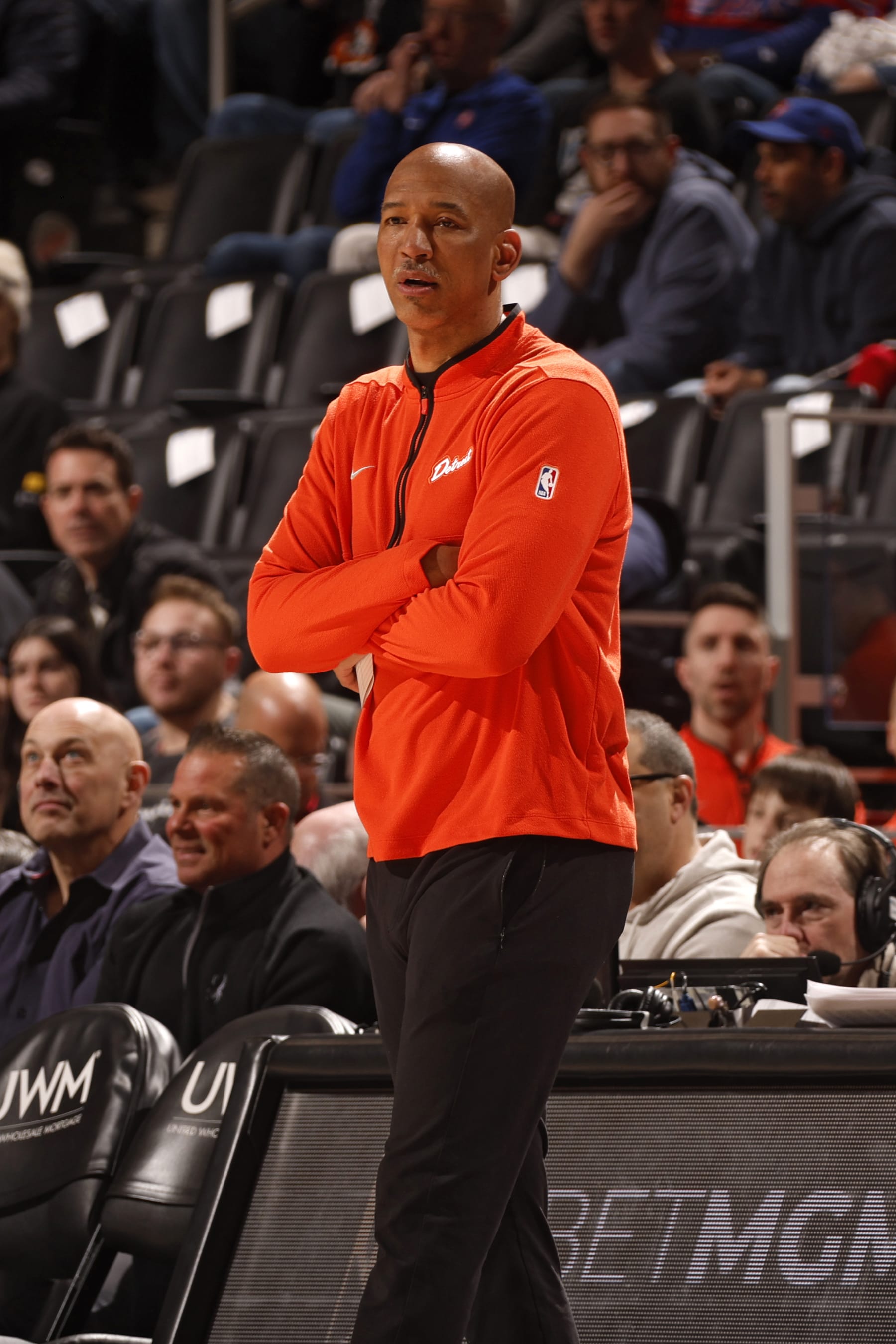 DETROIT, MI - MARCH 22:Head Coach Monty Williams of the Detroit Pistons looks on during the game against the Boston Celtics  on March 22, 2024 at Little Caesars Arena in Detroit, Michigan. NOTE TO USER: User expressly acknowledges and agrees that, by downloading and/or using this photograph, User is consenting to the terms and conditions of the Getty Images License Agreement. Mandatory Copyright Notice: Copyright 2024 NBAE (Photo by Brian Sevald/NBAE via Getty Images)