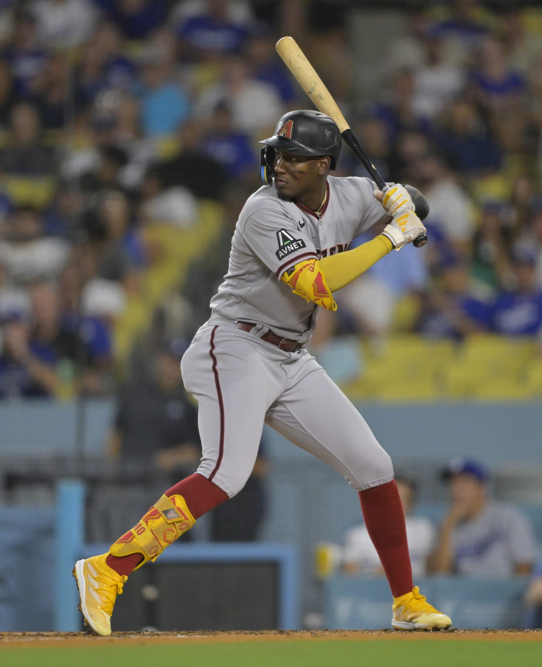 LOS ANGELES, CALIFORNIA - AUGUST 28: Geraldo Perdomo #2 of the Arizona Diamondbacks at bat against the Los Angeles Dodgers at Dodger Stadium on August 28, 2023 in Los Angeles, California. (Photo by Jayne Kamin-Oncea/Getty Images)