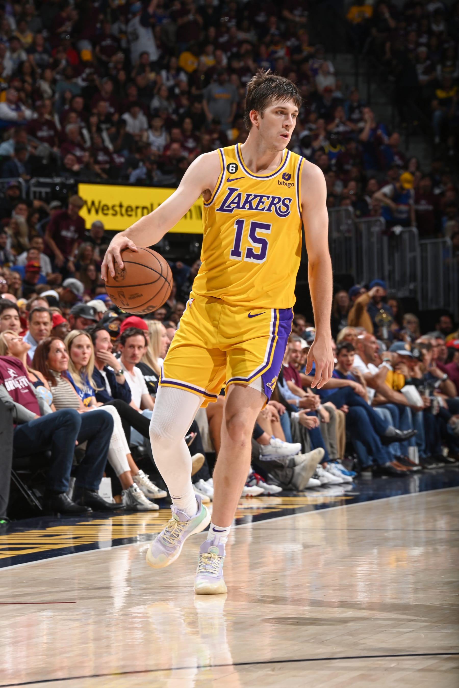 DENVER, CO - MAY 16: Austin Reaves #15 of the Los Angeles Lakers goes to the basket during the game during round 3 game 1 of the 2023 NBA Playoffs Western Conference Finals on May 16, 2023 at the Ball Arena in Denver, Colorado. NOTE TO USER: User expressly acknowledges and agrees that, by downloading and/or using this Photograph, user is consenting to the terms and conditions of the Getty Images License Agreement. Mandatory Copyright Notice: Copyright 2023 NBAE (Photo by Andrew D. Bernstein/NBAE via Getty Images)