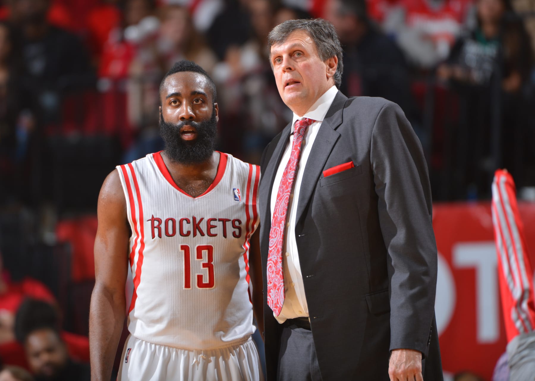 HOUSTON, TX - MARCH 4: Kevin McHale of the Houston Rockets talks with James Harden #13 during the game against the Miami Heat at the Toyota Center March 4, 2014 in Houston, Texas. NOTE TO USER: User expressly acknowledges and agrees that, by downloading and or using this photograph, User is consenting to the terms and conditions of the Getty Images License Agreement. Mandatory Copyright Notice: Copyright 2014 NBAE (Photo by Jesse D. Garrabrant/NBAE via Getty Images)