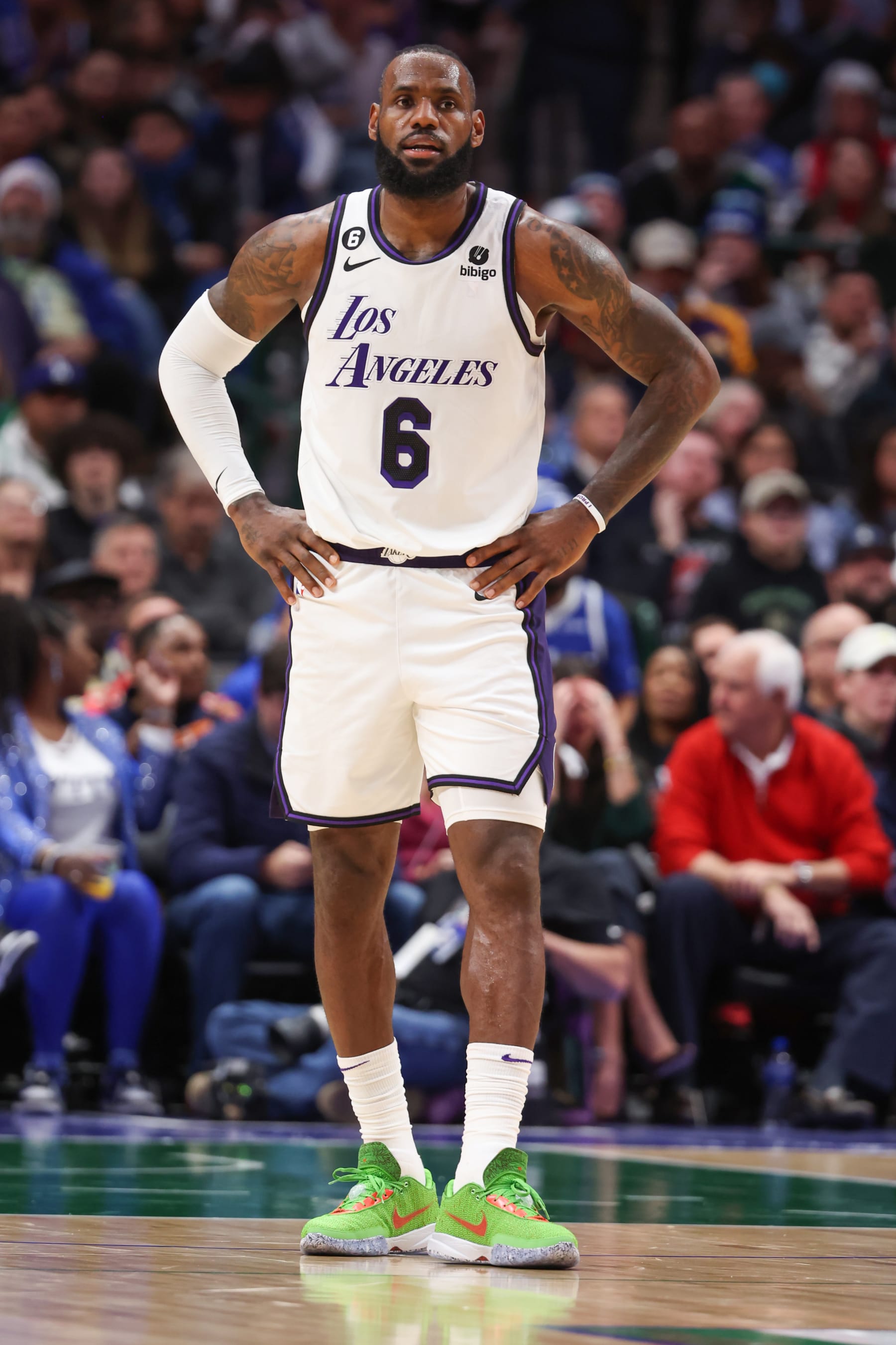 DALLAS, TX - DECEMBER 25:  LeBron James #6 of the Los Angeles Lakers looks on during the game against the Dallas Mavericks on December 25, 2022 at the American Airlines Center in Dallas, Texas. NOTE TO USER: User expressly acknowledges and agrees that, by downloading and or using this photograph, User is consenting to the terms and conditions of the Getty Images License Agreement. Mandatory Copyright Notice: Copyright 2022 NBAE (Photo by David Sherman/NBAE via Getty Images)