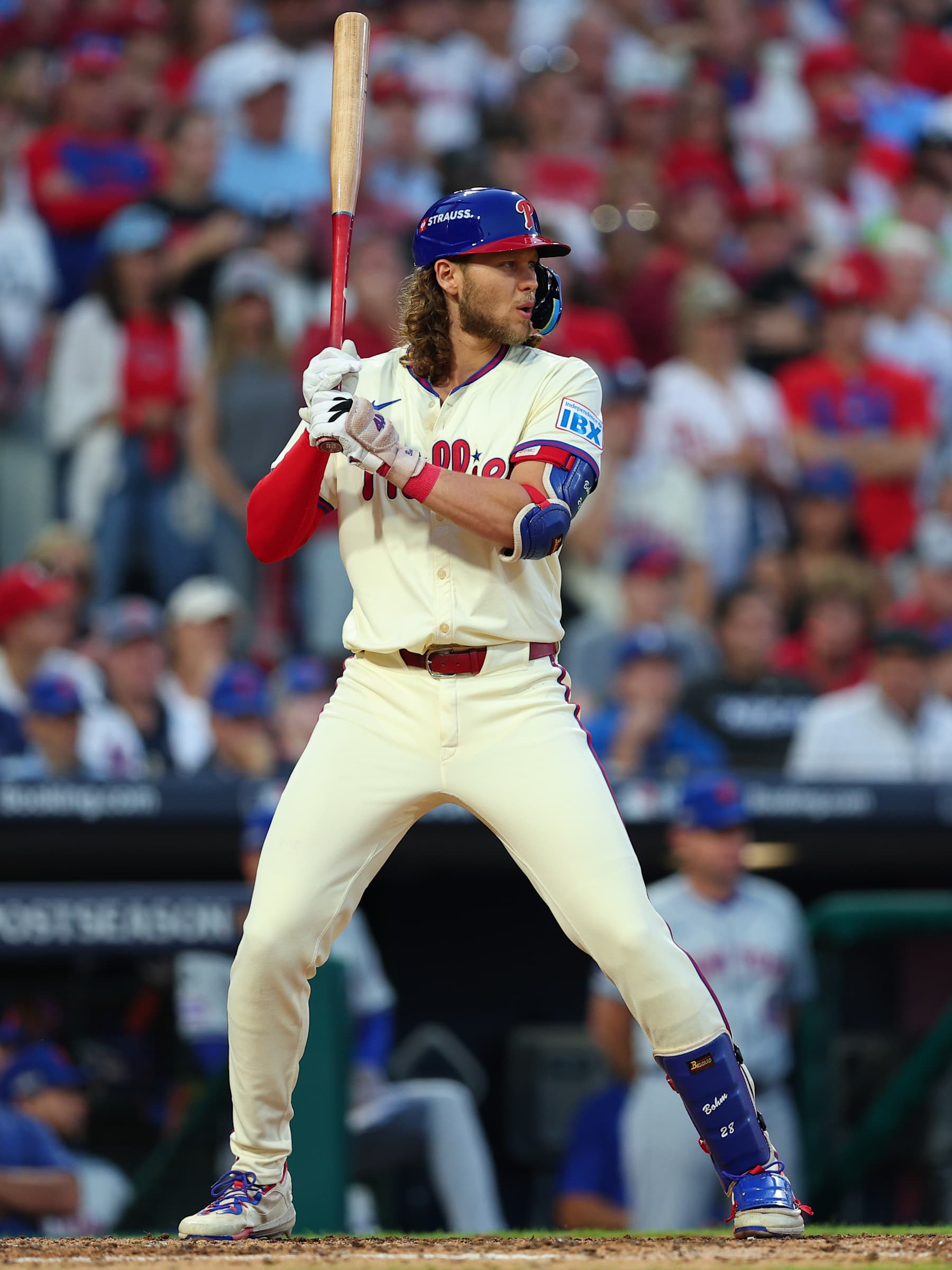 PHILADELPHIA, PENNSYLVANIA - OCTOBER 6: Alec Bohm #28 of the Philadelphia Phillies takes an at bat against the New York Mets in the seventh inning at Citizens Bank Park on October 6, 2024 in Philadelphia, Pennsylvania. The Phillies won 7-6. (Photo by Heather Barry/Getty Images) PHILADELPHIA, PENNSYLVANIA - OCTOBER 6: Alec Bohm #28 of the Philadelphia Phillies takes an at bat against the New York Mets in the seventh inning at Citizens Bank Park on October 6, 2024 in Philadelphia, Pennsylvania. The Phillies won 7-6. (Photo by Heather Barry/Getty Images)