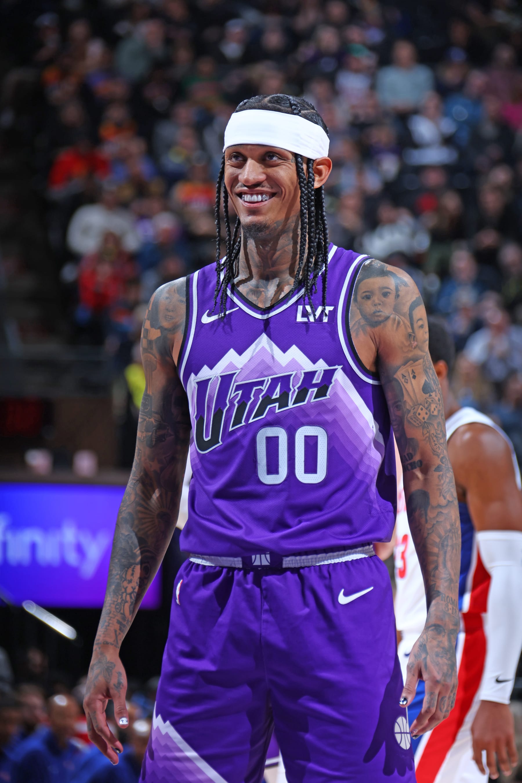 SALT LAKE CITY, UT - JANUARY 1: Jordan Clarkson #00 of the Utah Jazz smiles during the game against the Detroit Pistons on January 1, 2024 at vivint.SmartHome Arena in Salt Lake City, Utah. NOTE TO USER: User expressly acknowledges and agrees that, by downloading and or using this Photograph, User is consenting to the terms and conditions of the Getty Images License Agreement. Mandatory Copyright Notice: Copyright 2024 NBAE (Photo by Melissa Majchrzak/NBAE via Getty Images)
