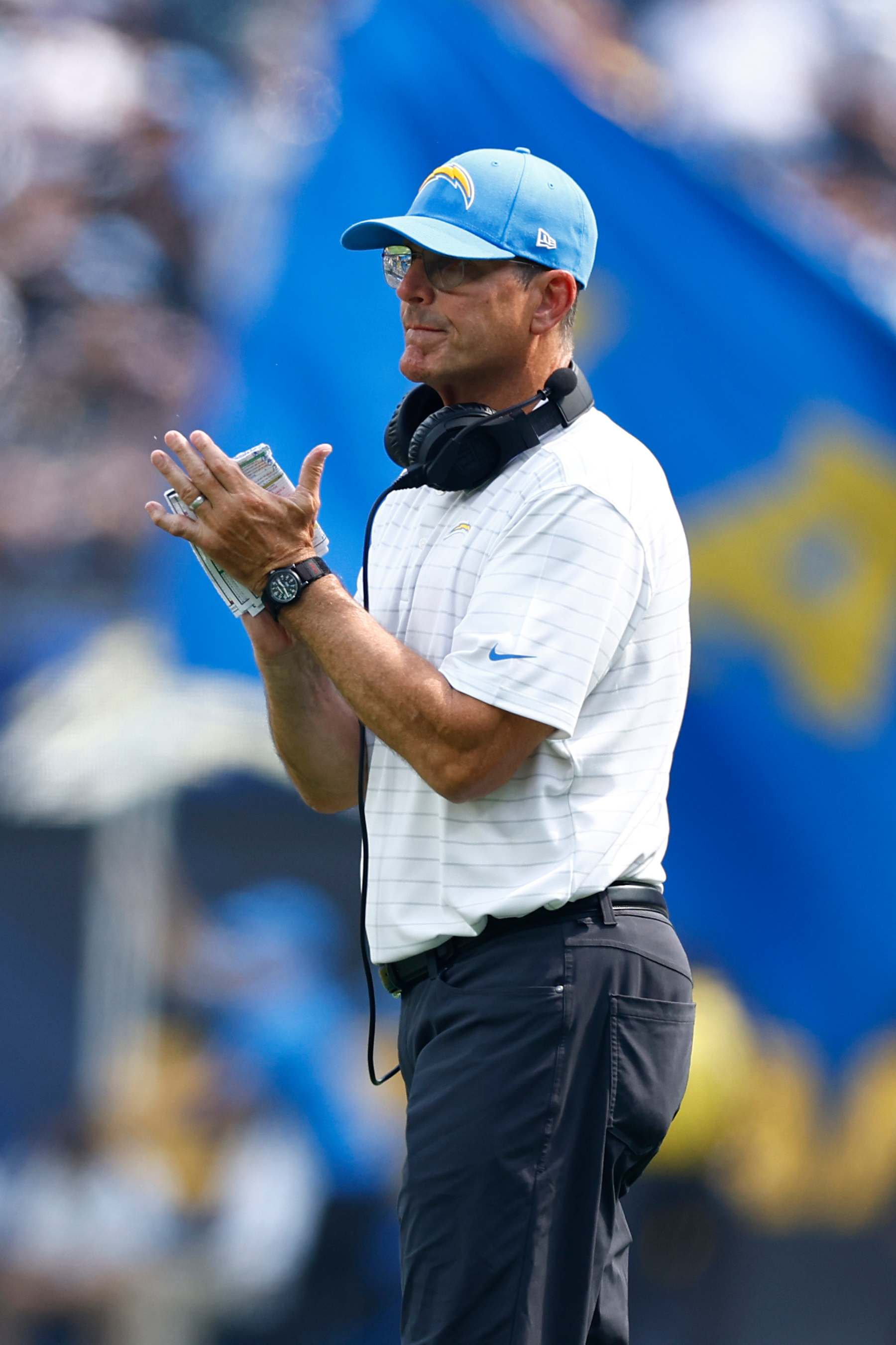INGLEWOOD, CALIFORNIA - SEPTEMBER 08: Head coach Jim Harbaugh of the Los Angeles Chargers looks on during the third quarter against the Las Vegas Raiders at SoFi Stadium on September 08, 2024 in Inglewood, California. (Photo by Ronald Martinez/Getty Images)