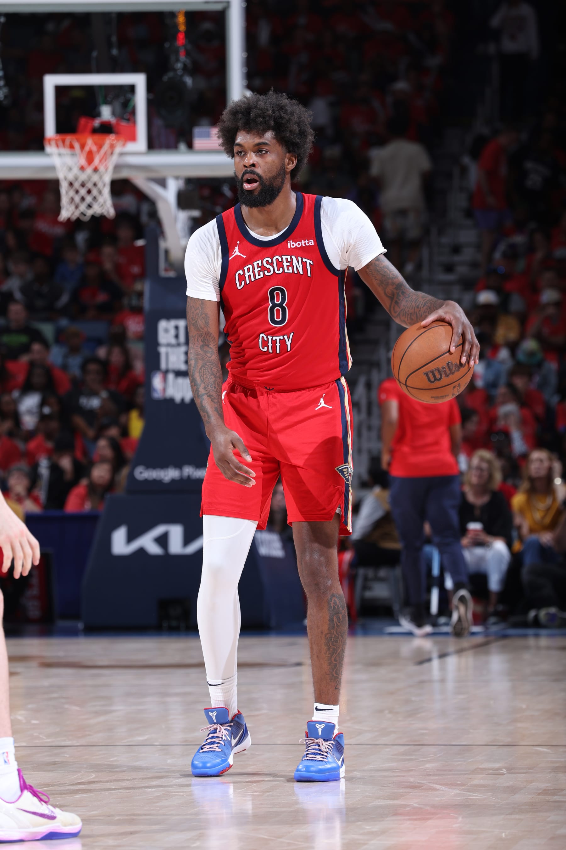 NEW ORLEANS, LA - APRIL 27:  Naji Marshall #8 of the New Orleans Pelicans handles the ball during the game against the Oklahoma City Thunder during Round 1 Game 3 of the 2024 NBA Playoffs on April 27, 2024 at the Smoothie King Center in New Orleans, Louisiana. NOTE TO USER: User expressly acknowledges and agrees that, by downloading and or using this Photograph, user is consenting to the terms and conditions of the Getty Images License Agreement. Mandatory Copyright Notice: Copyright 2024 NBAE (Photo by Jeff Haynes/NBAE via Getty Images)