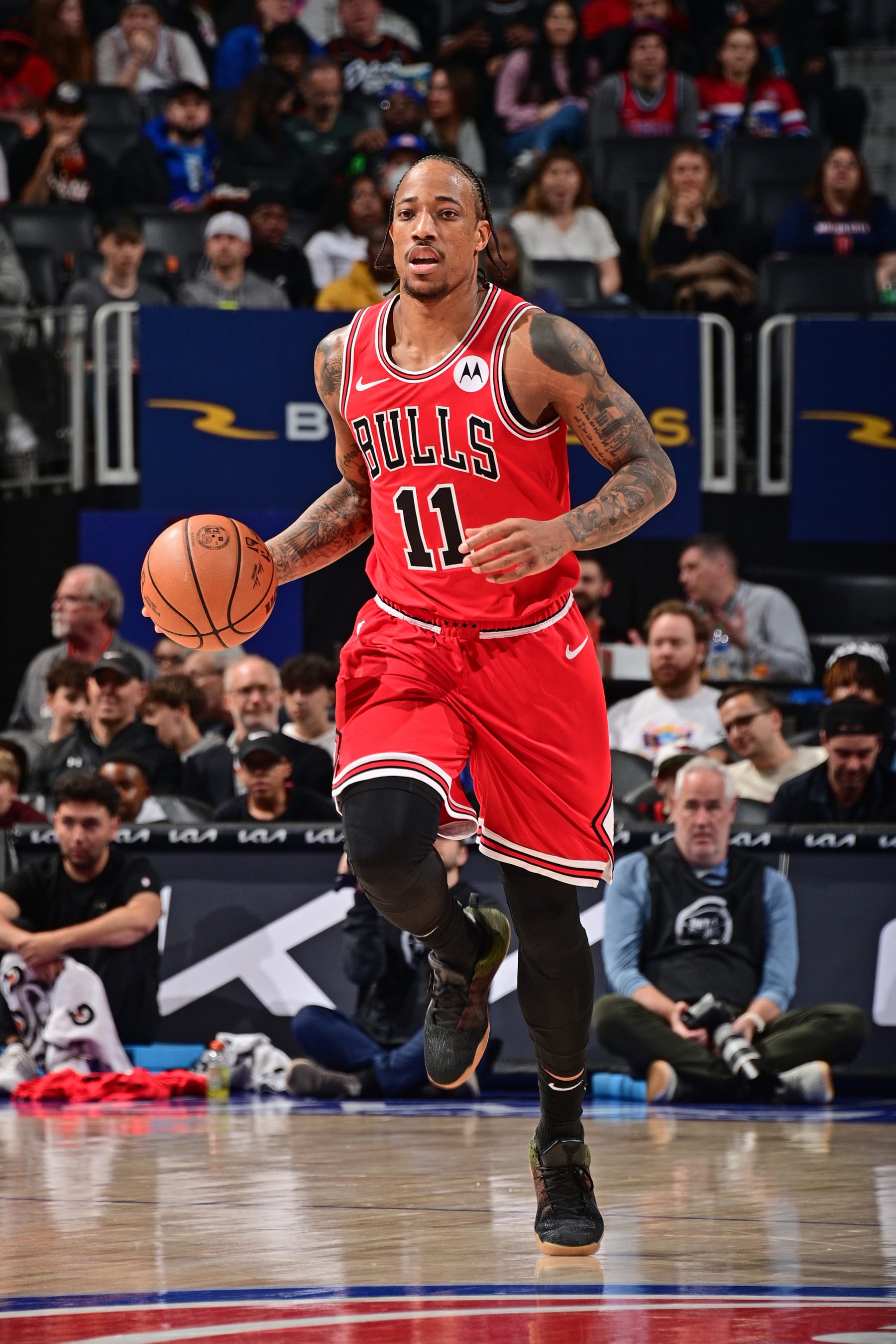 DETROIT, MI - APRIL 11: DeMar DeRozan #11 of the Chicago Bulls dribbles the ball during the game against the Detroit Pistons on April 11, 2024 at Little Caesars Arena in Detroit, Michigan. NOTE TO USER: User expressly acknowledges and agrees that, by downloading and/or using this photograph, User is consenting to the terms and conditions of the Getty Images License Agreement. Mandatory Copyright Notice: Copyright 2024 NBAE (Photo by Chris Schwegler/NBAE via Getty Images)