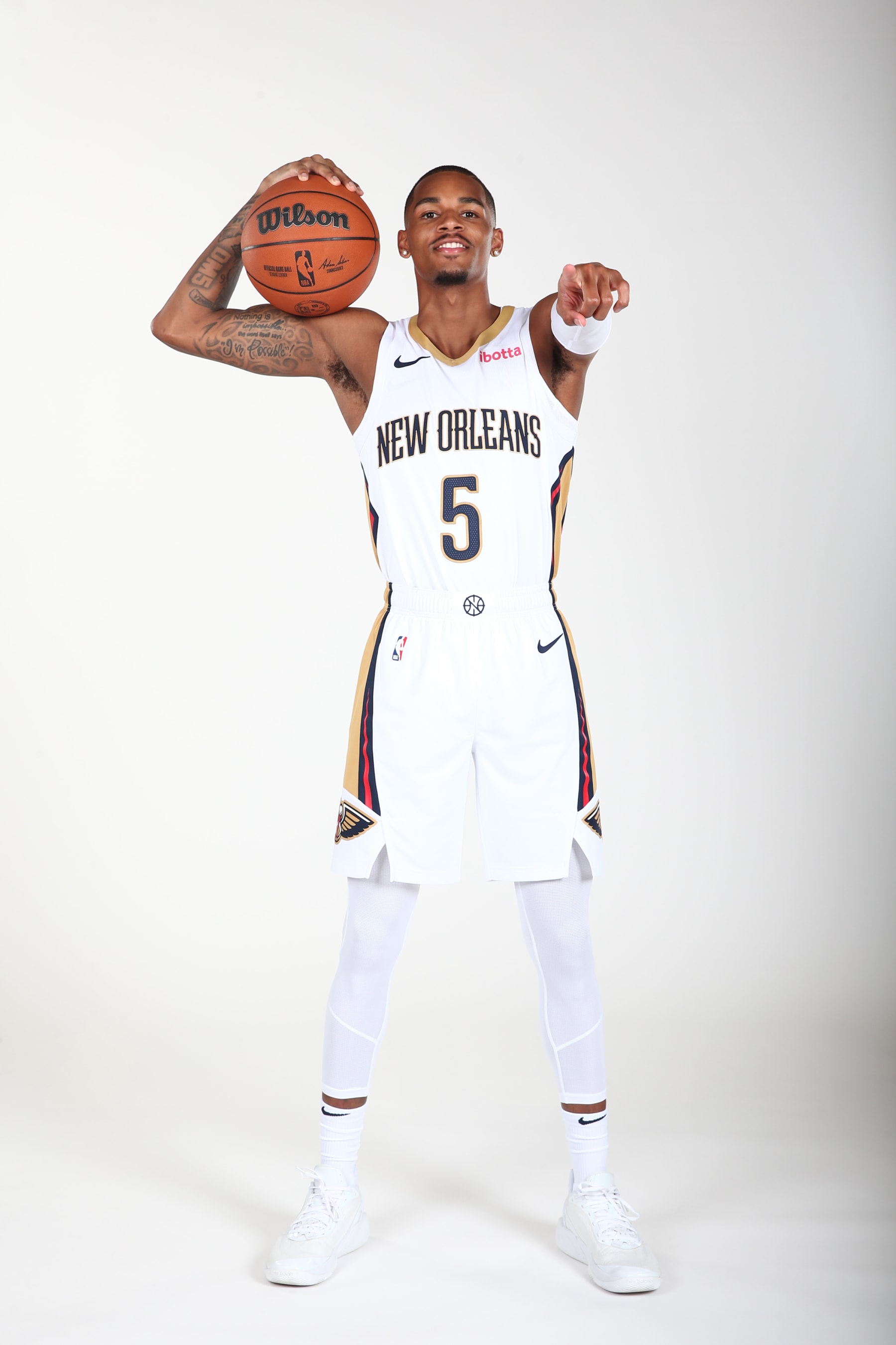 NEW ORLEANS, LA - JULY 9: Dejounte Murray #5 of the New Orleans Pelicans poses for a portrait at the Ochsner Sports Performance Center in Metairie, Louisiana. NOTE TO USER: User expressly acknowledges and agrees that, by downloading and or using this Photograph, user is consenting to the terms and conditions of the Getty Images License Agreement. Mandatory Copyright Notice: Copyright 2024 NBAE (Photo by Derick Hingle/NBAE via Getty Images)