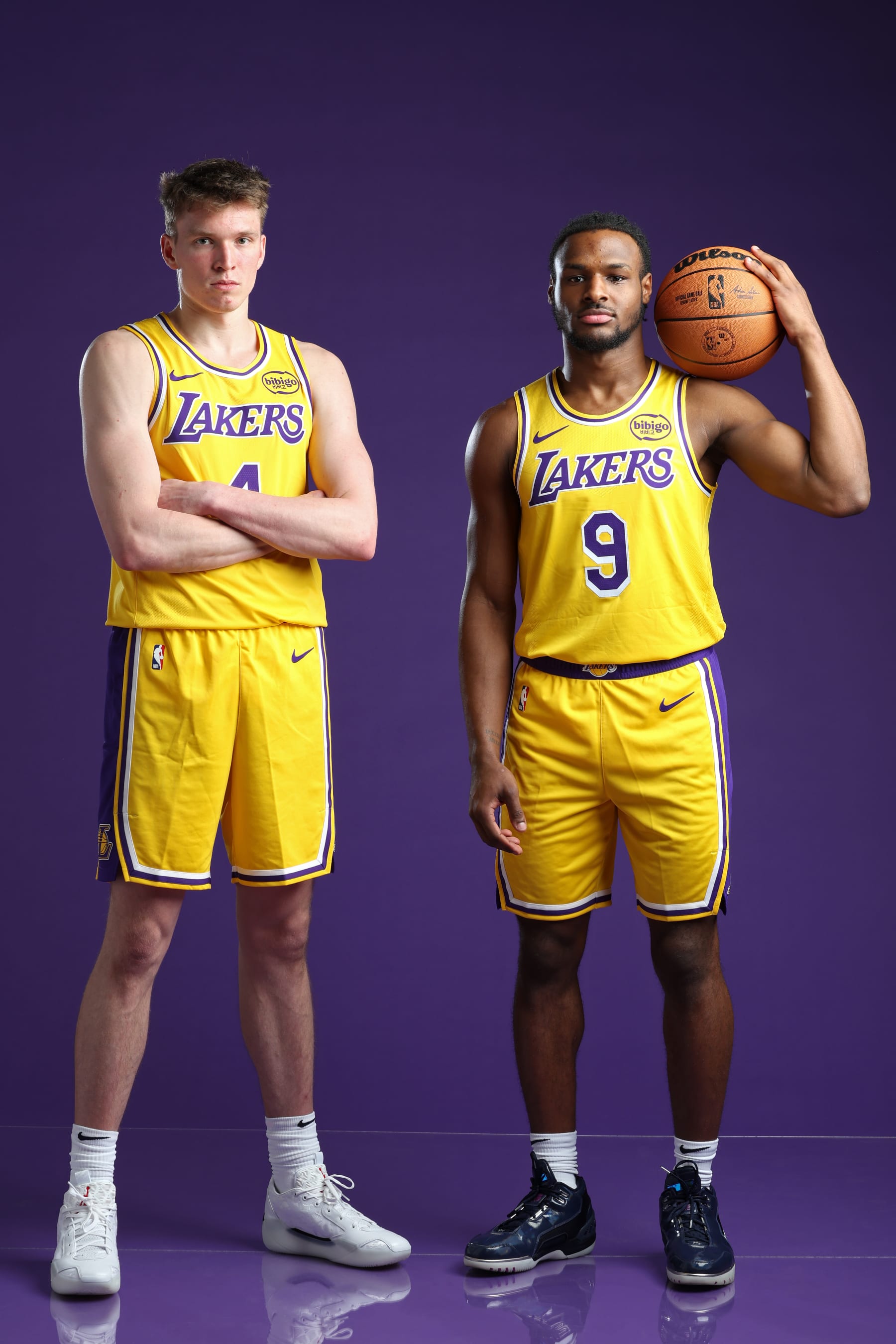 LAS VEGAS, NV - JULY16: Dalton Knecht #4 and Bronny James #9 of the Los Angeles Lakers pose for a portrait during the 2024 NBA Rookie Photo Shoot on July 16, 2024 at the University of Nevada, Las Vegas campus in Las Vegas, Nevada. NOTE TO USER: User expressly acknowledges and agrees that, by downloading and/or using this Photograph, user is consenting to the terms and conditions of the Getty Images License Agreement. Mandatory Copyright Notice: Copyright 2024 NBAE (Photo by David Sherman/NBAE via Getty Images)