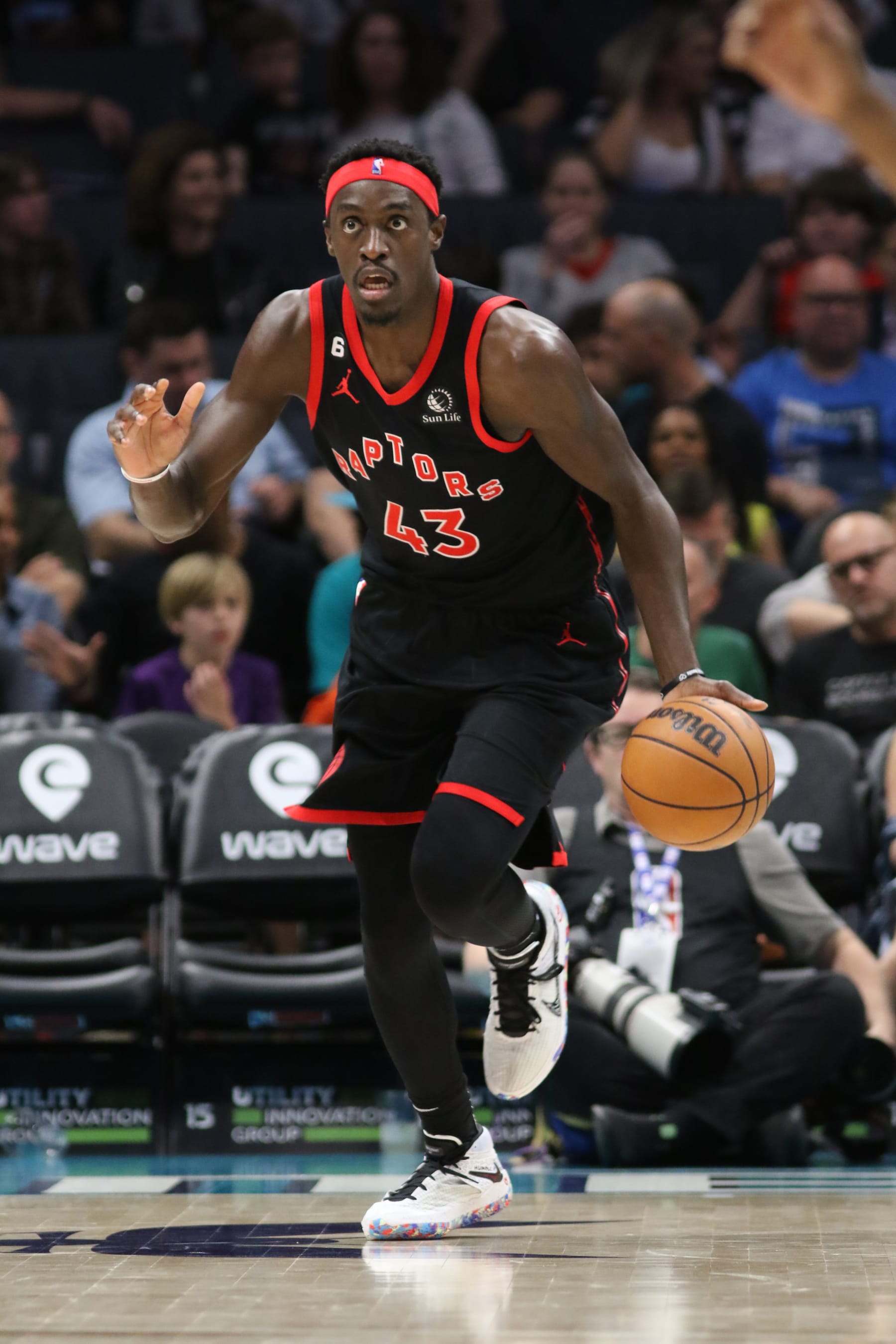 CHARLOTTE, NC - APRIL 4:  Pascal Siakam #43 of the Toronto Raptors goes to the basket during the game on April 4, 2023 at Spectrum Center in Charlotte, North Carolina. NOTE TO USER: User expressly acknowledges and agrees that, by downloading and or using this photograph, User is consenting to the terms and conditions of the Getty Images License Agreement.  Mandatory Copyright Notice:  Copyright 2023 NBAE (Photo by Brock Williams-Smith/NBAE via Getty Images)